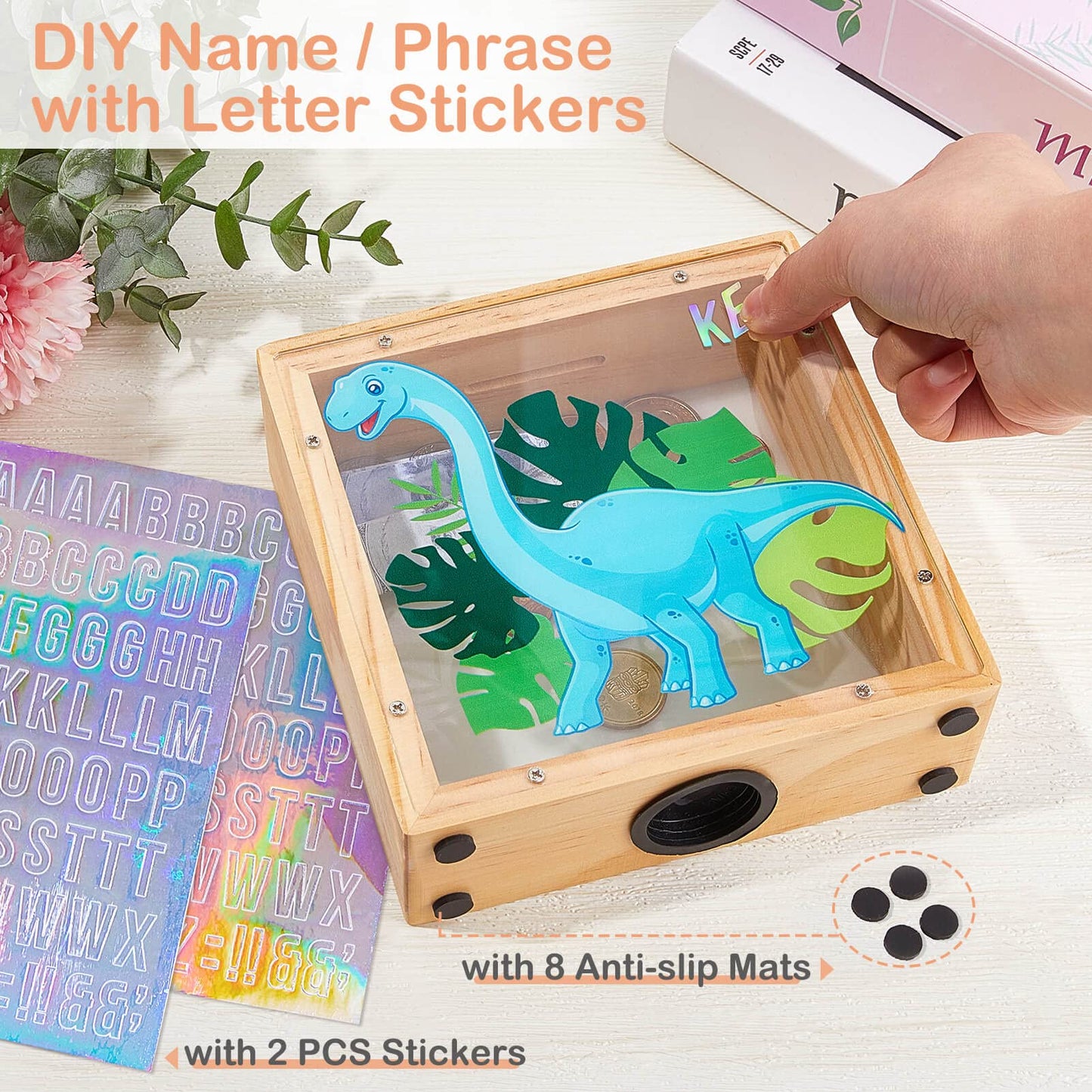 MHJY Piggy Bank for Kids - Wooden & Acrylic Dinosaur Unicorn Bank with DIY Stickers (Blue)
