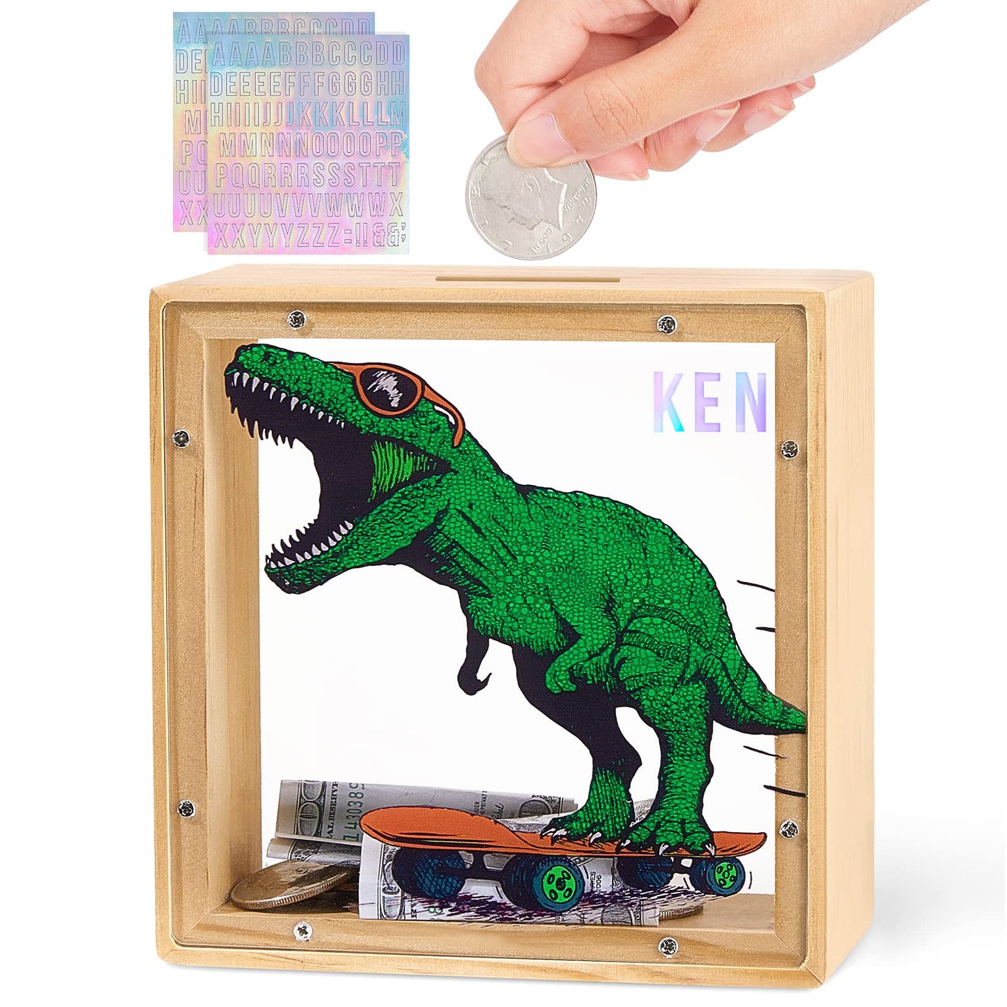 MHJY Wooden Piggy Bank for Kids – Dinosaur & Unicorn Green with DIY Stickers