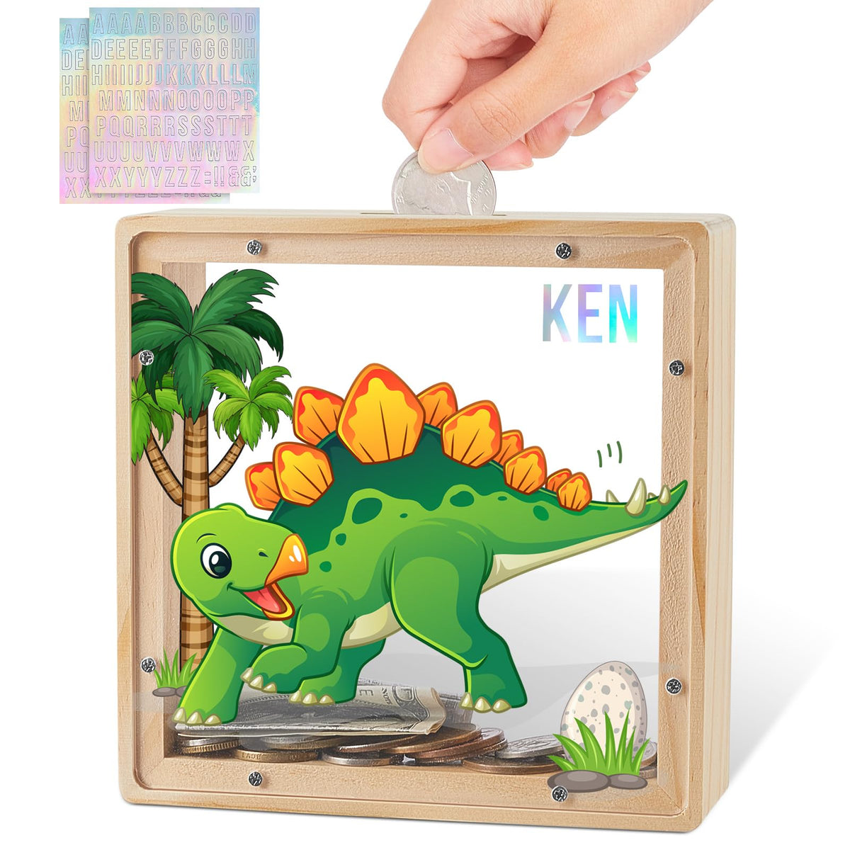 MHJY Piggy Bank for Kids — Wooden Dinosaur & Unicorn with DIY Stickers (Green Yellow)