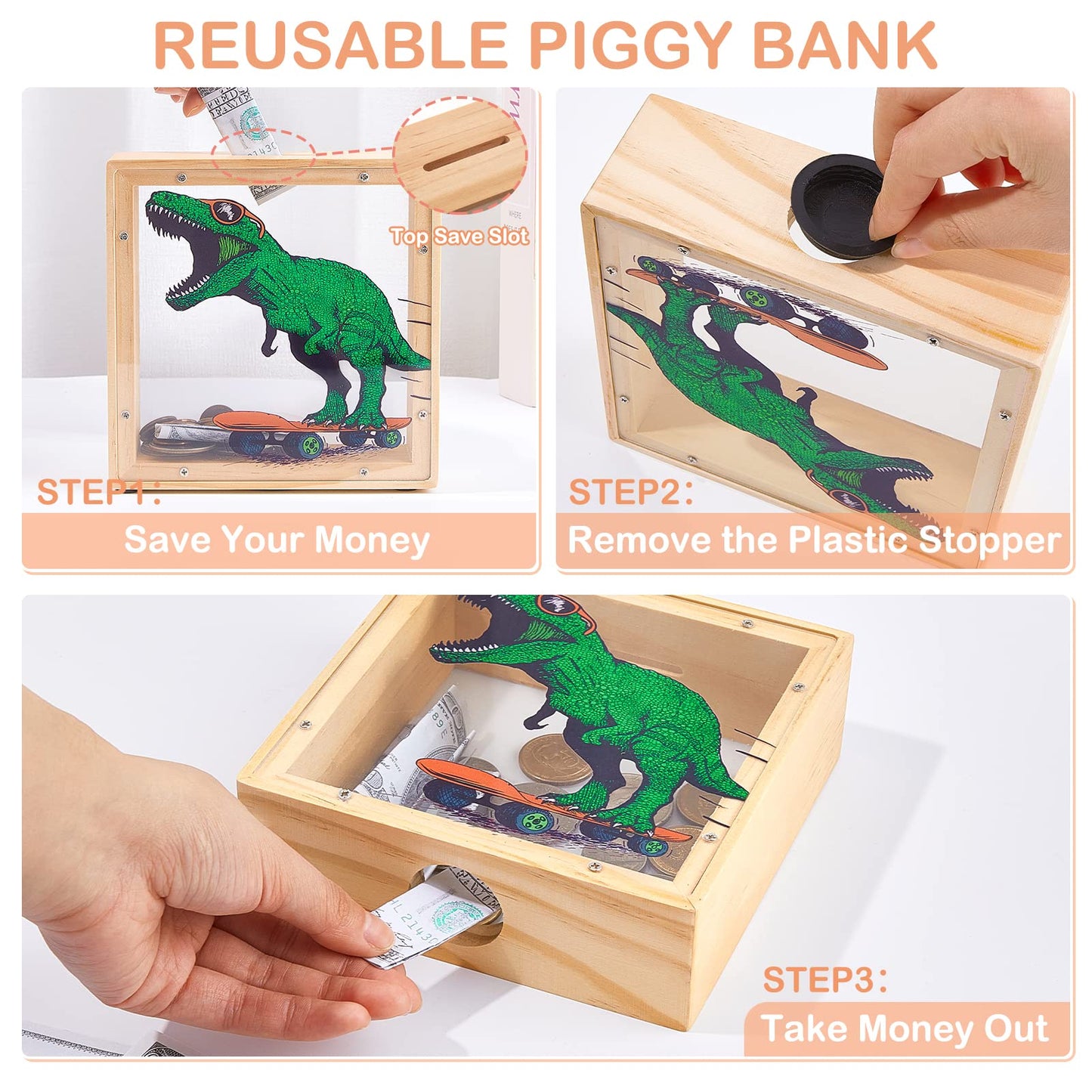 MHJY Wooden Piggy Bank for Kids – Dinosaur & Unicorn Green with DIY Stickers