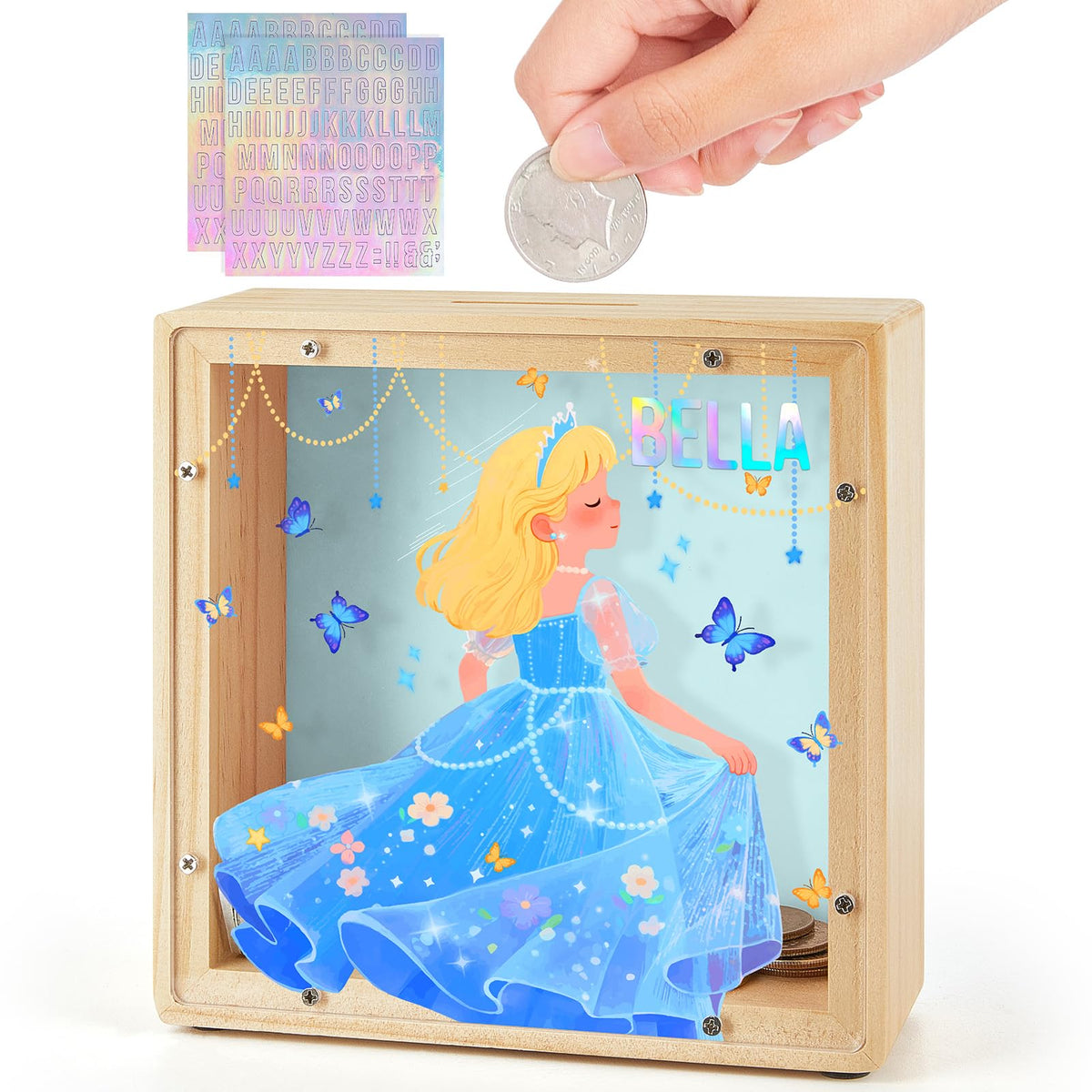 MHJY Piggy Bank for Kids - Wooden Dinosaur Unicorn with DIY Stickers (Purple/Blue)