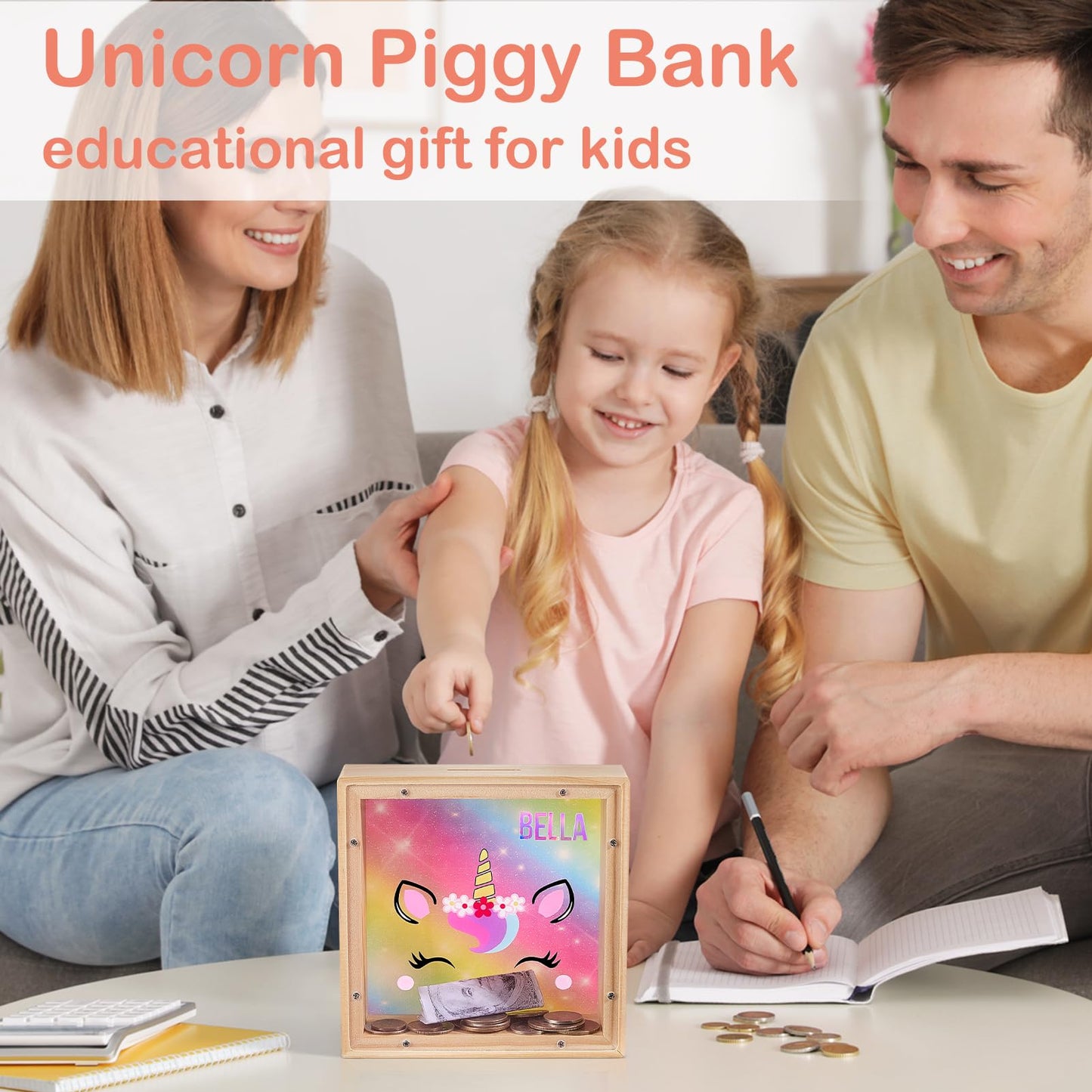 MHJY Kids Piggy Bank — Wooden Dinosaur Unicorn Bank with DIY Stickers (Rainbow)
