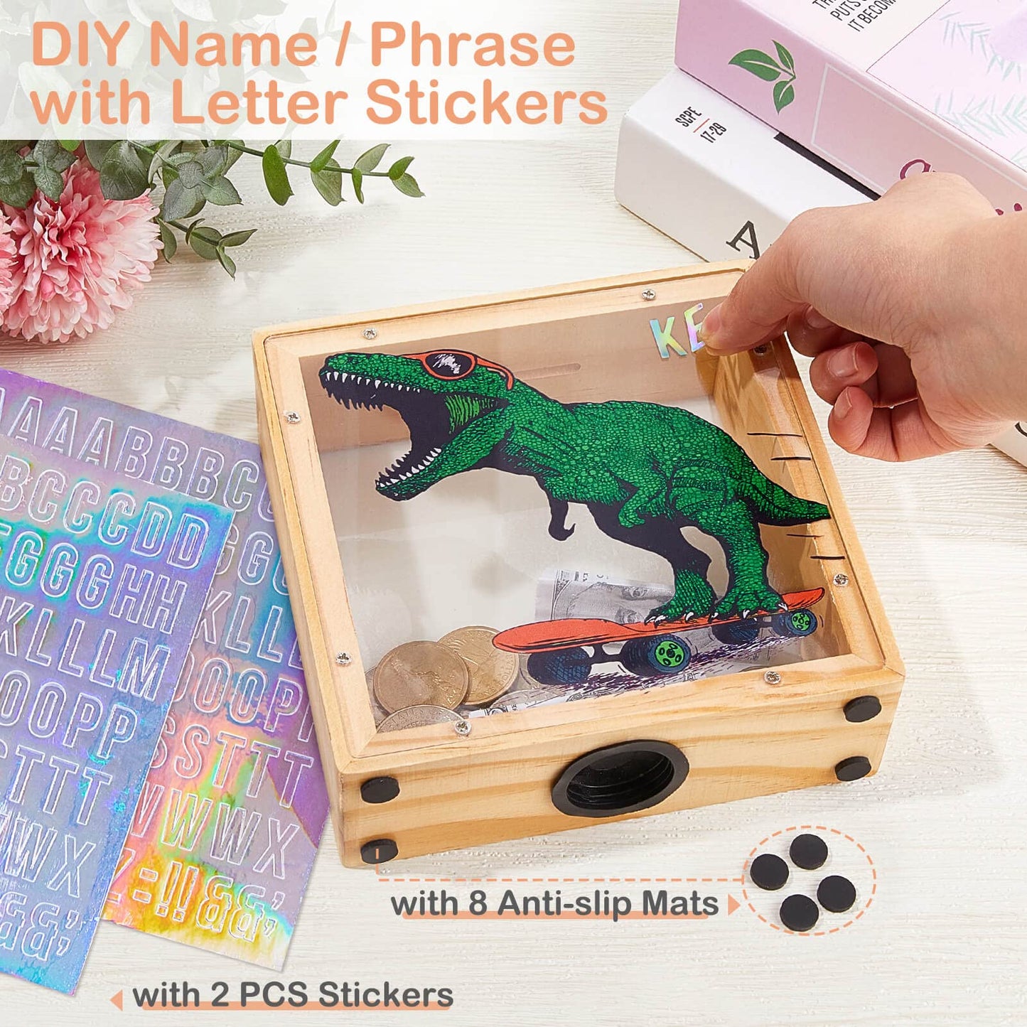 MHJY Wooden Piggy Bank for Kids – Dinosaur & Unicorn Green with DIY Stickers