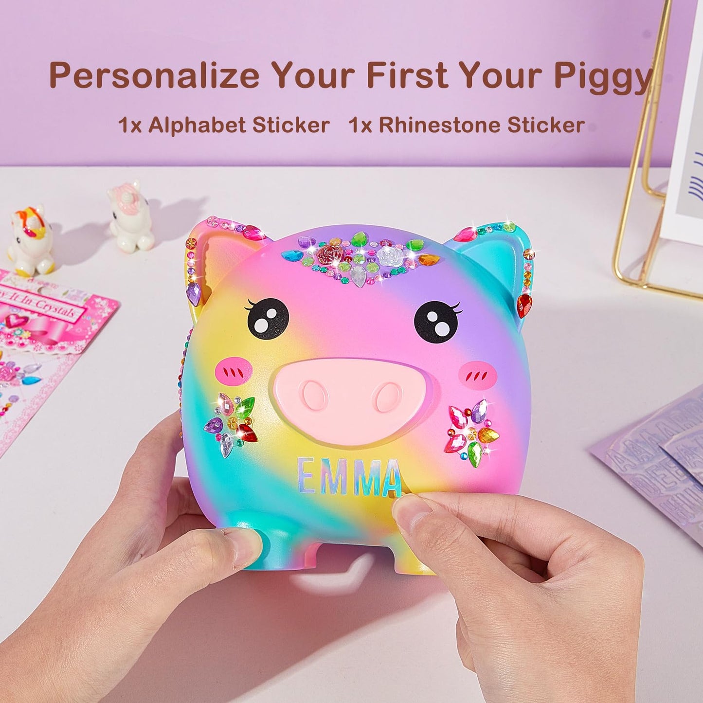 MHJY Unbreakable Piggy Bank for Kids – Large Rainbow Bank with DIY Stickers