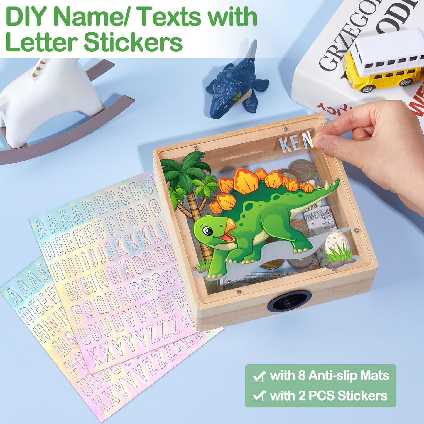 MHJY Piggy Bank for Kids — Wooden Dinosaur & Unicorn with DIY Stickers (Green Yellow)