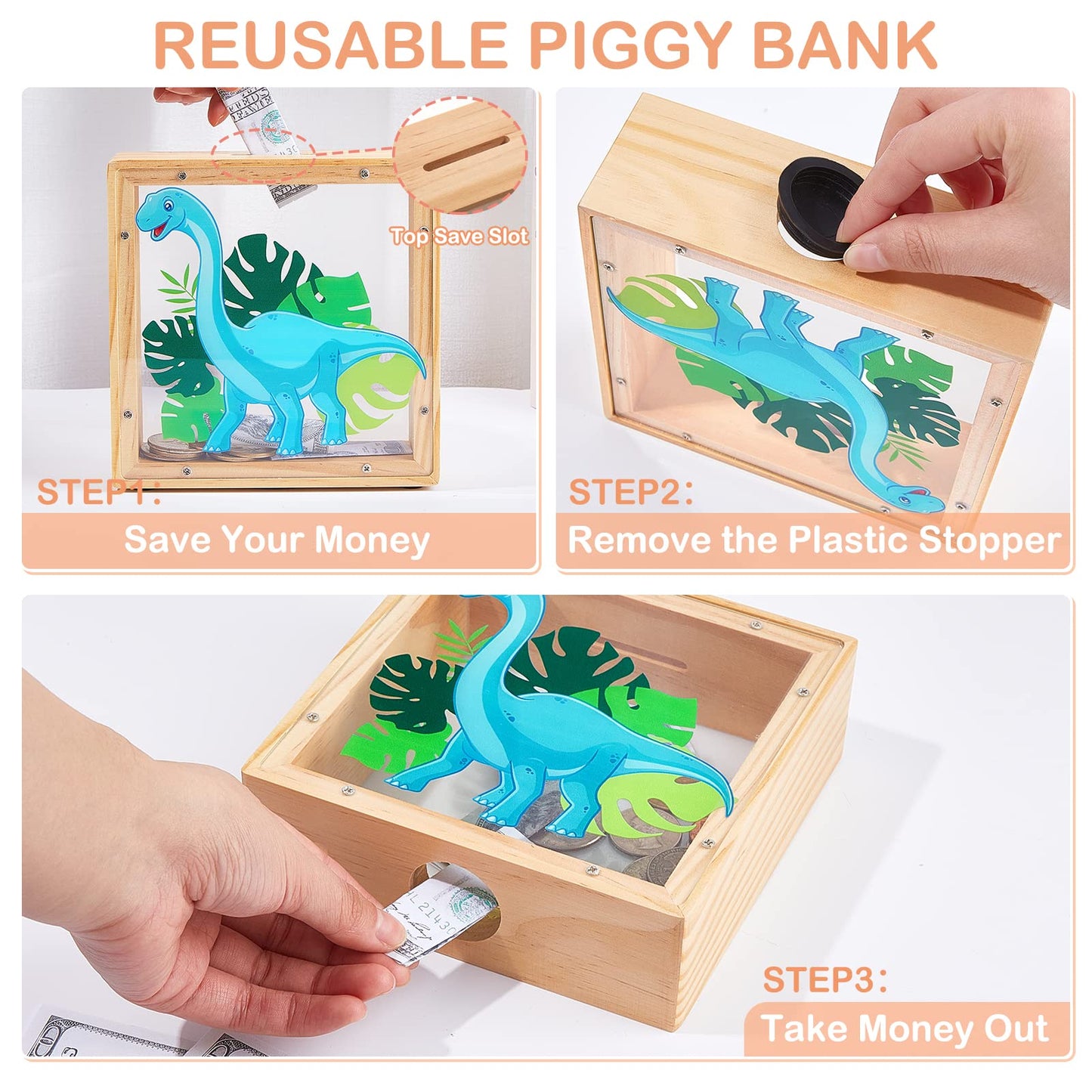 MHJY Piggy Bank for Kids - Wooden & Acrylic Dinosaur Unicorn Bank with DIY Stickers (Blue)
