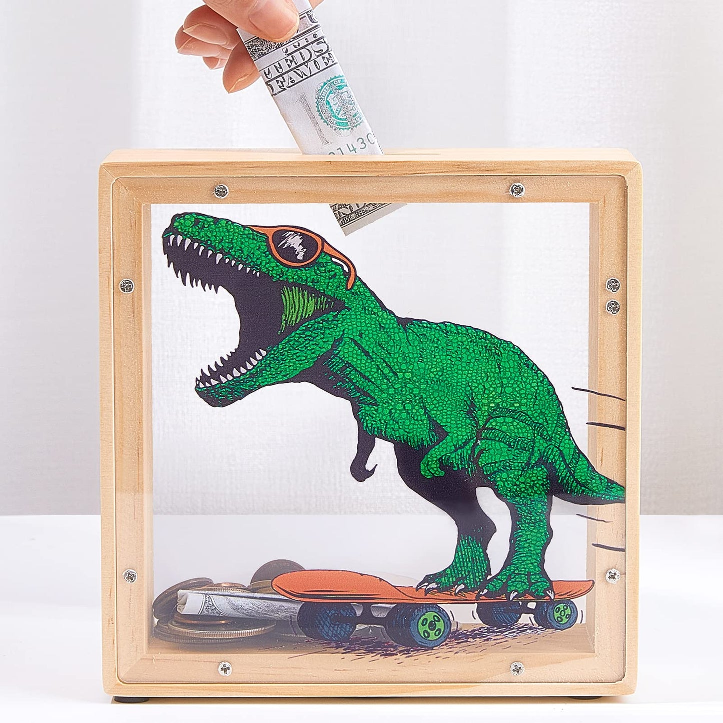 MHJY Wooden Piggy Bank for Kids – Dinosaur & Unicorn Green with DIY Stickers