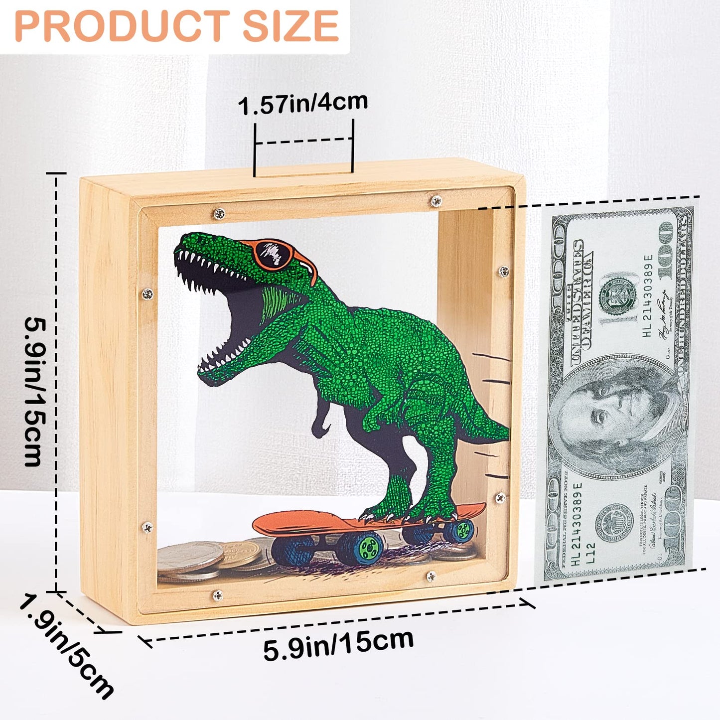 MHJY Wooden Piggy Bank for Kids – Dinosaur & Unicorn Green with DIY Stickers