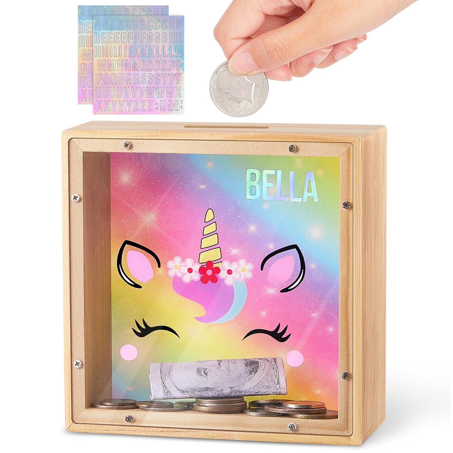 MHJY Kids Piggy Bank — Wooden Dinosaur Unicorn Bank with DIY Stickers (Rainbow)