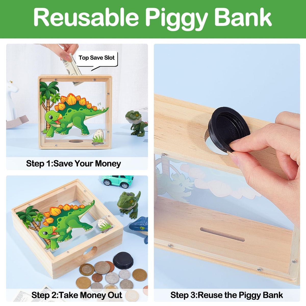 MHJY Piggy Bank for Kids — Wooden Dinosaur & Unicorn with DIY Stickers (Green Yellow)