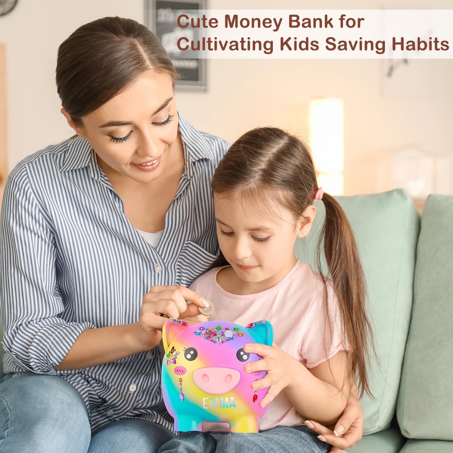 MHJY Unbreakable Piggy Bank for Kids – Large Rainbow Bank with DIY Stickers