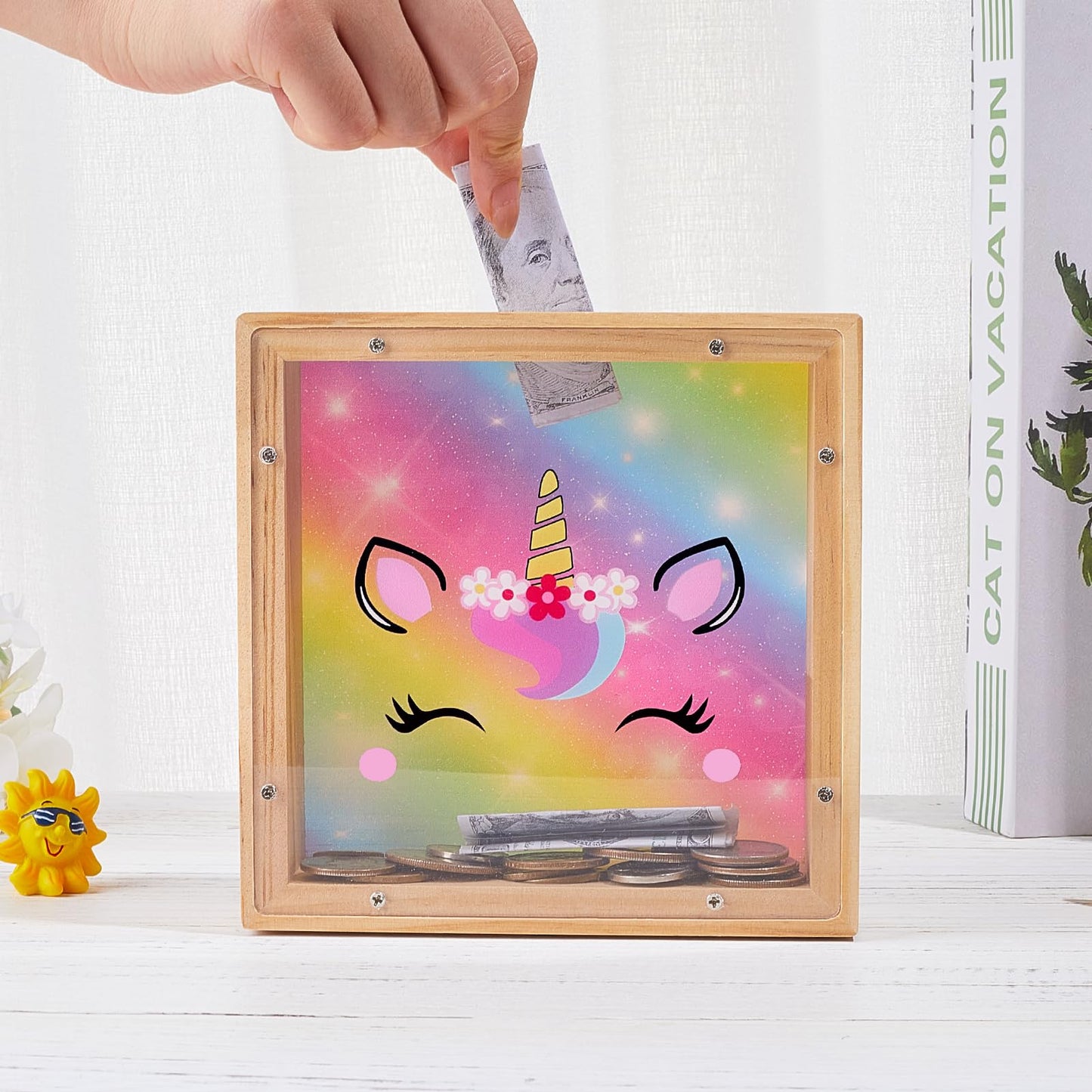 MHJY Kids Piggy Bank — Wooden Dinosaur Unicorn Bank with DIY Stickers (Rainbow)