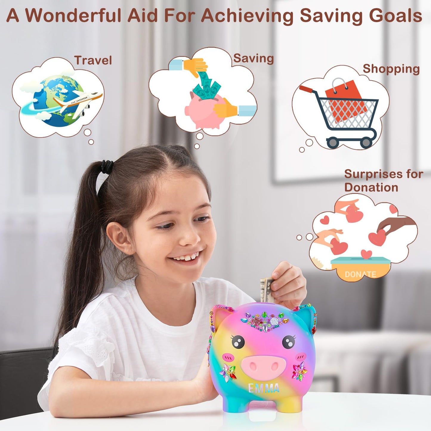 MHJY Unbreakable Piggy Bank for Kids – Large Rainbow Bank with DIY Stickers