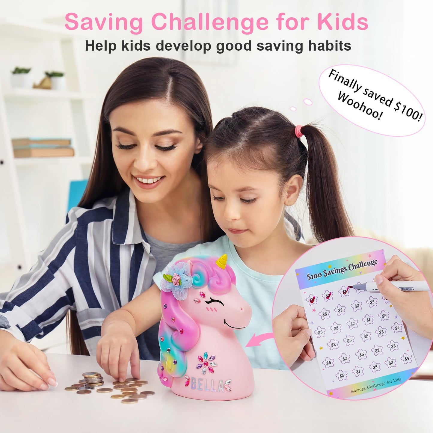 MHJY Unicorn Piggy Bank - Unbreakable DIY Savings Box with Stickers | Large Capacity