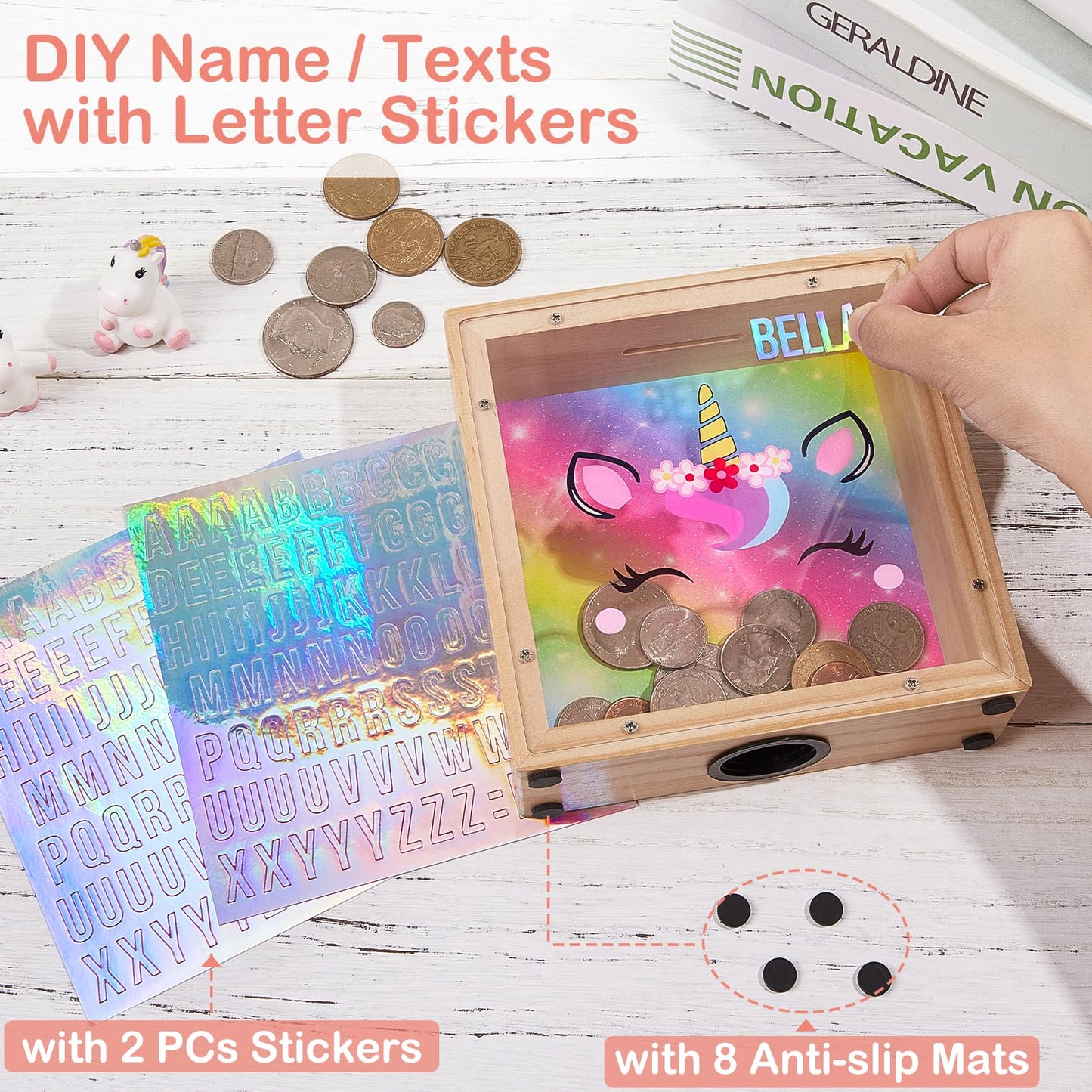 MHJY Kids Piggy Bank — Wooden Dinosaur Unicorn Bank with DIY Stickers (Rainbow)