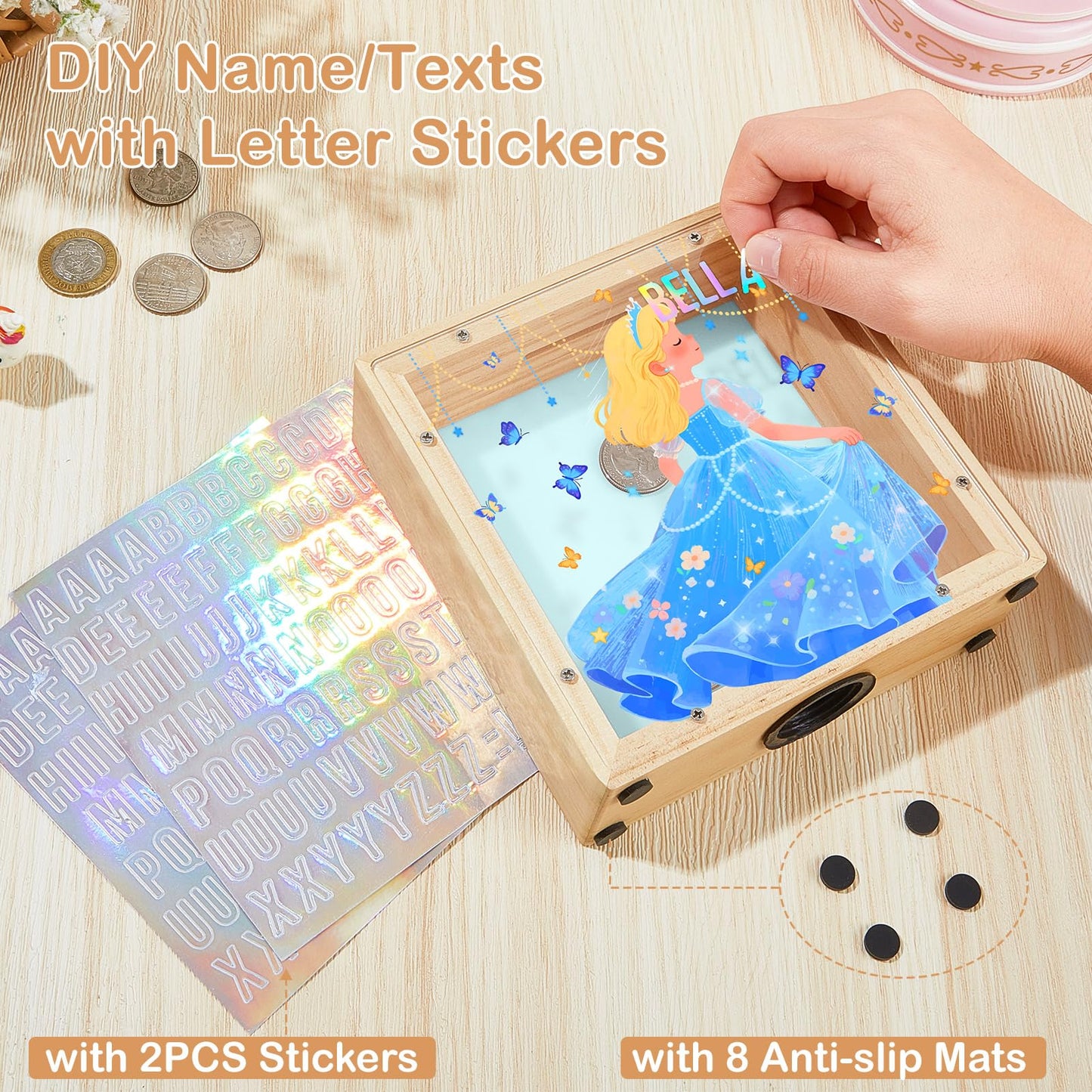 MHJY Piggy Bank for Kids - Wooden Dinosaur Unicorn with DIY Stickers (Purple/Blue)
