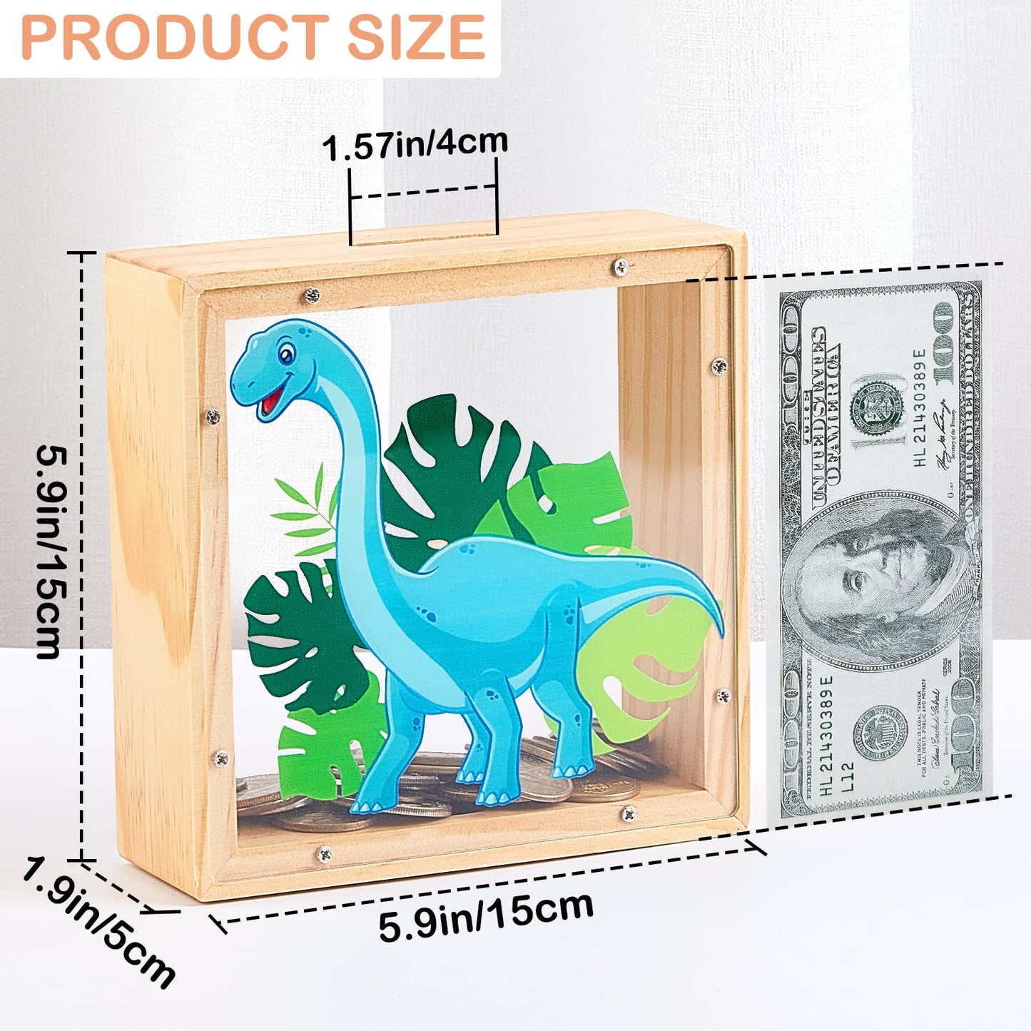 MHJY Piggy Bank for Kids - Wooden & Acrylic Dinosaur Unicorn Bank with DIY Stickers (Blue)
