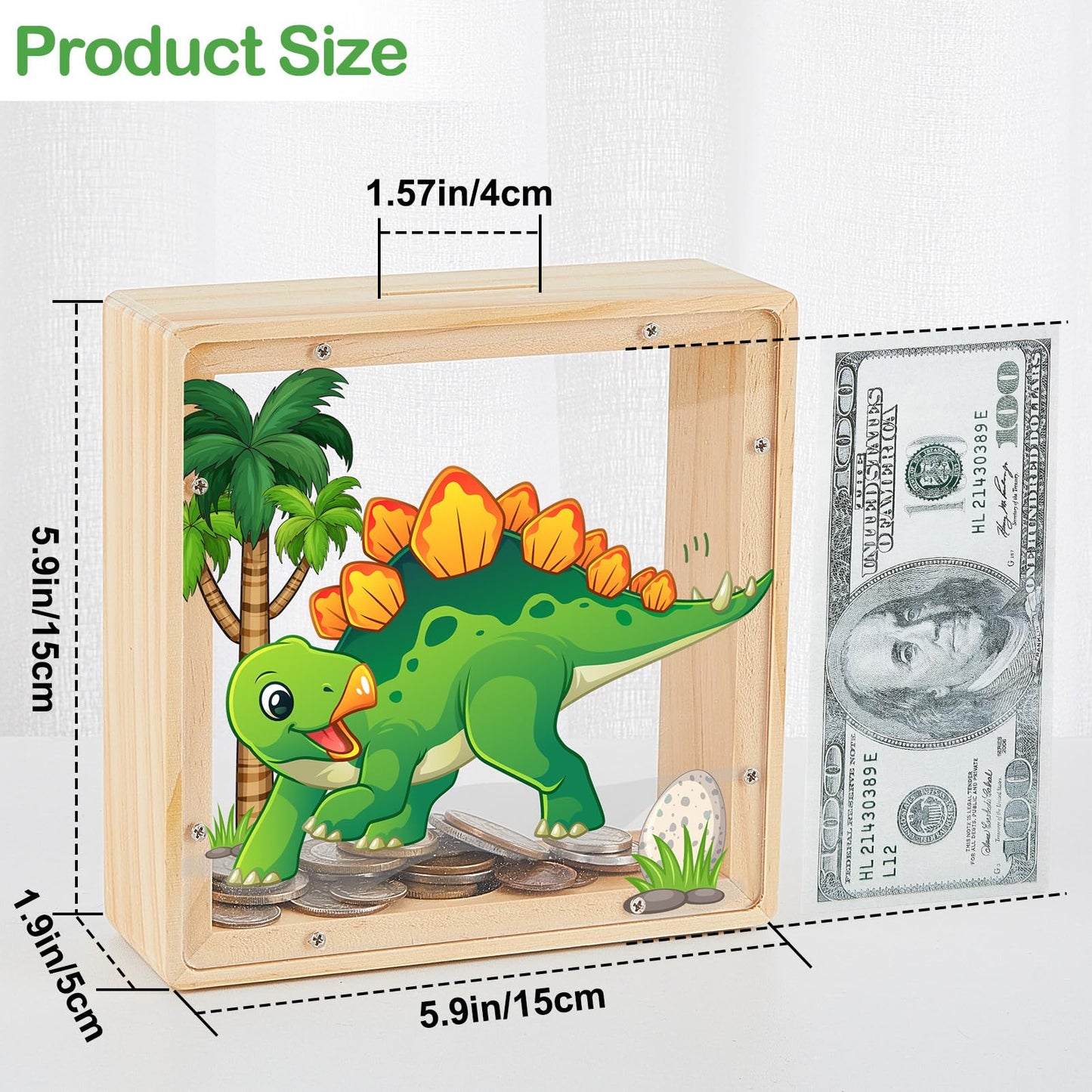 MHJY Piggy Bank for Kids — Wooden Dinosaur & Unicorn with DIY Stickers (Green Yellow)