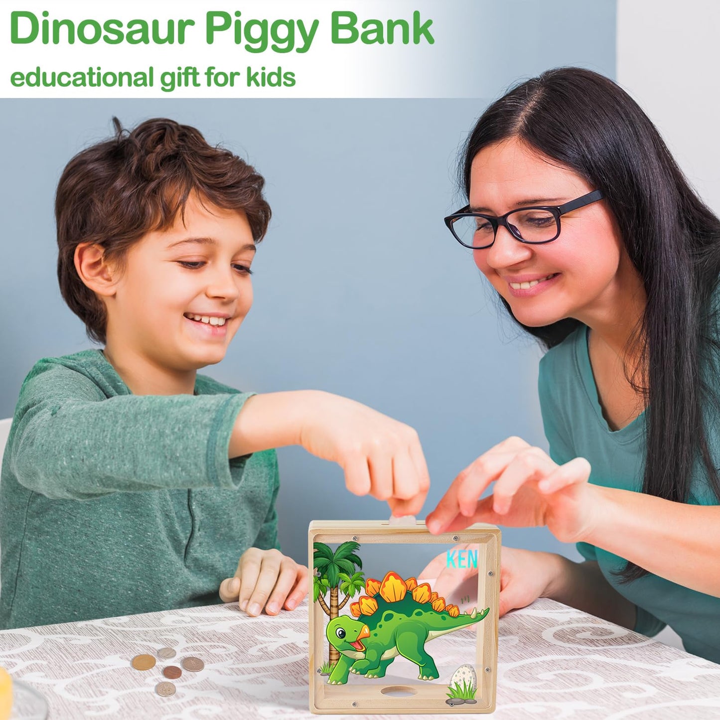 MHJY Piggy Bank for Kids — Wooden Dinosaur & Unicorn with DIY Stickers (Green Yellow)