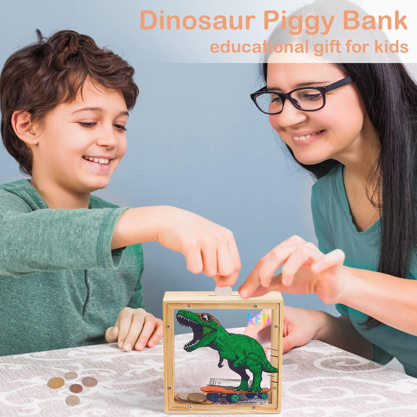 MHJY Wooden Piggy Bank for Kids – Dinosaur & Unicorn Green with DIY Stickers