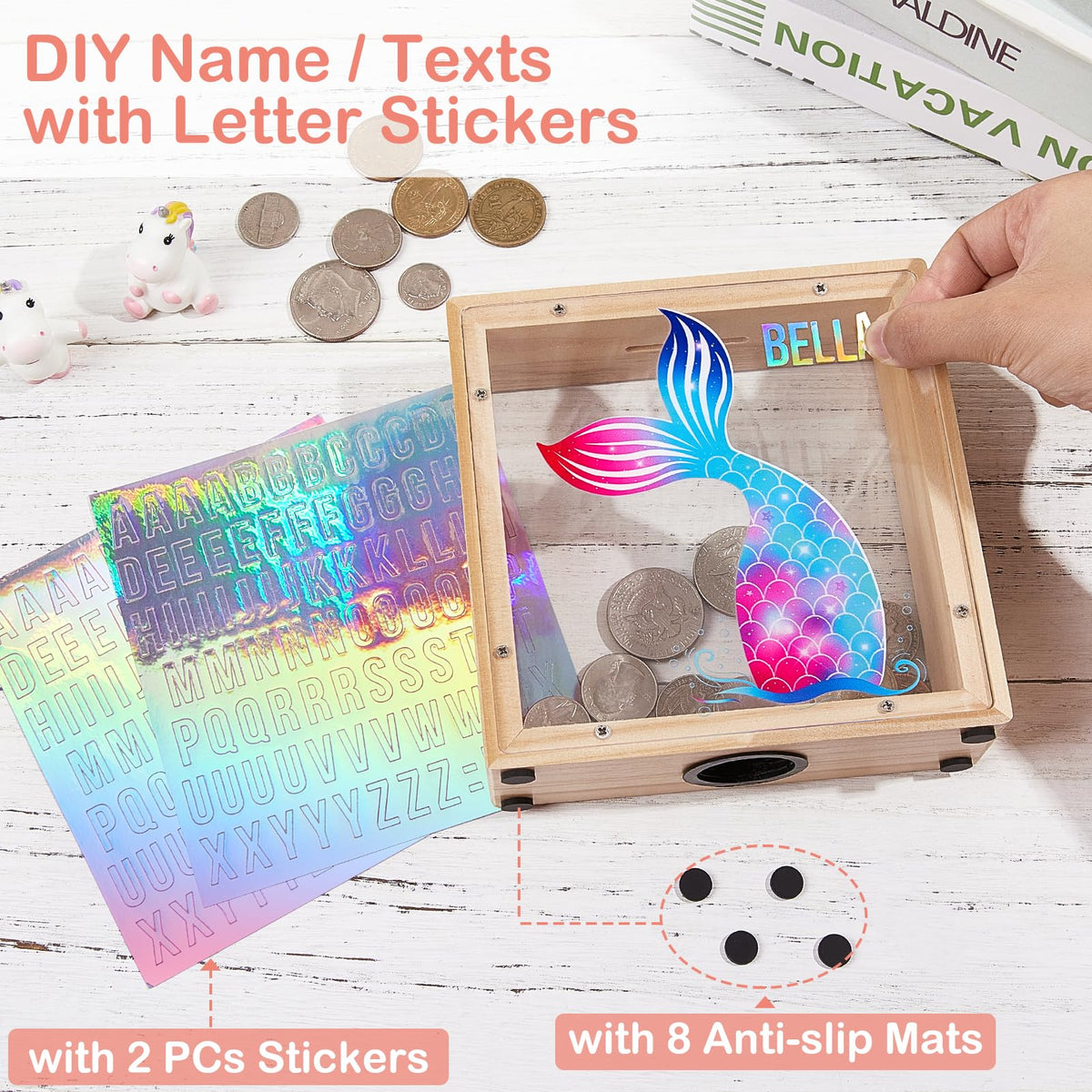 MHJY Wooden Piggy Bank for Kids – Dinosaur & Unicorn Design with DIY Stickers