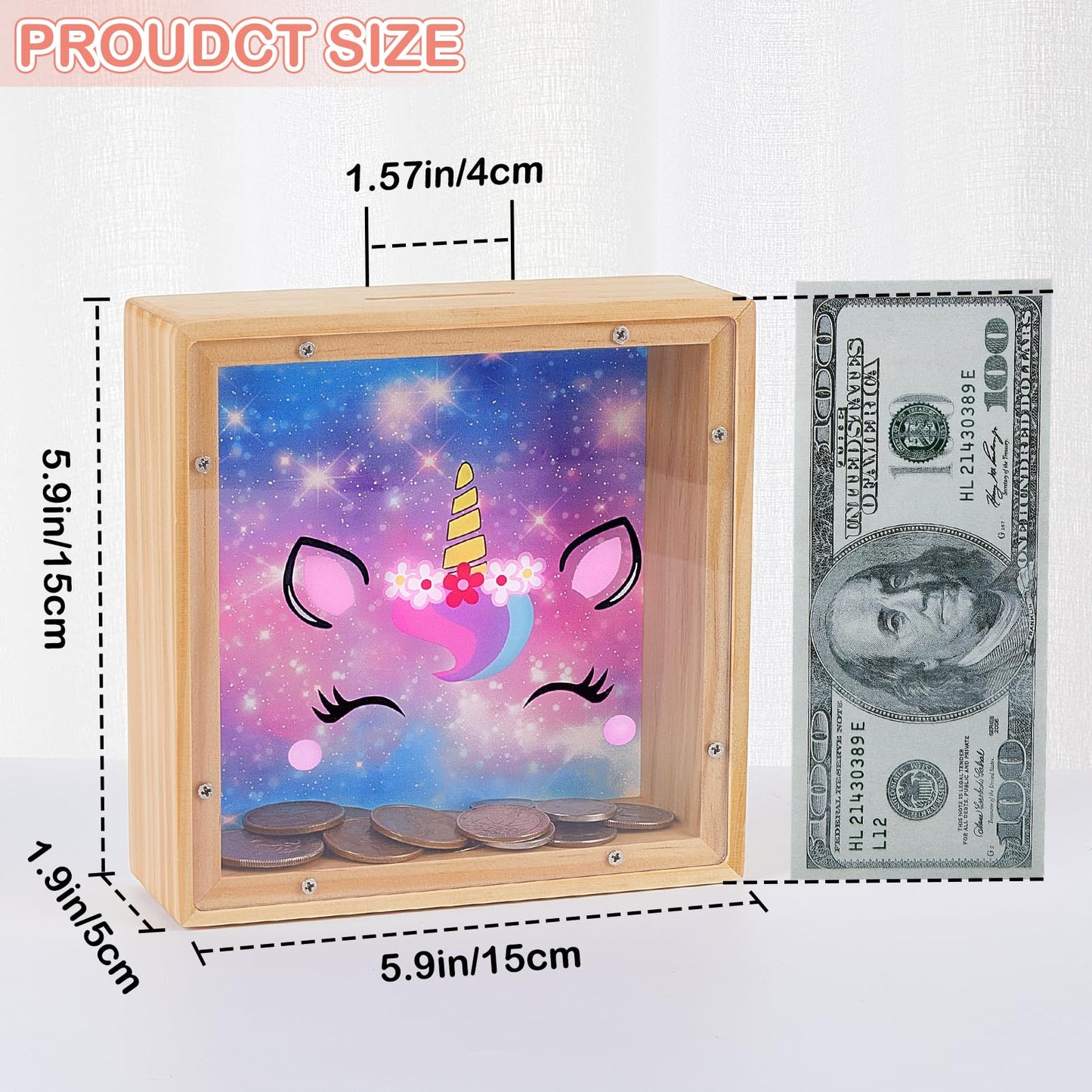MHJY Dinosaur Unicorn Piggy Bank for Kids – Wooden Savings Box with DIY Stickers (Purple-Blue)