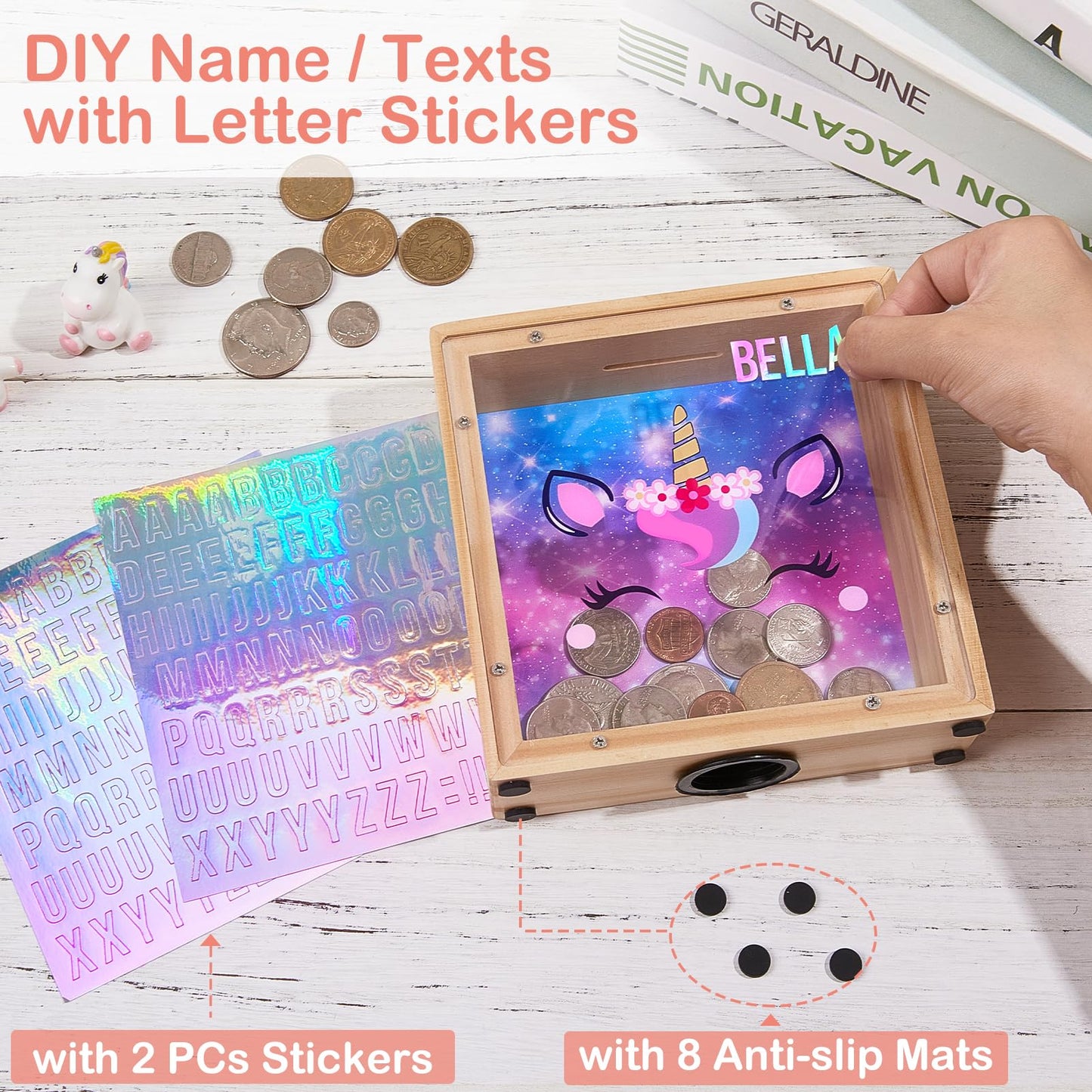 MHJY Dinosaur Unicorn Piggy Bank for Kids – Wooden Savings Box with DIY Stickers (Purple-Blue)