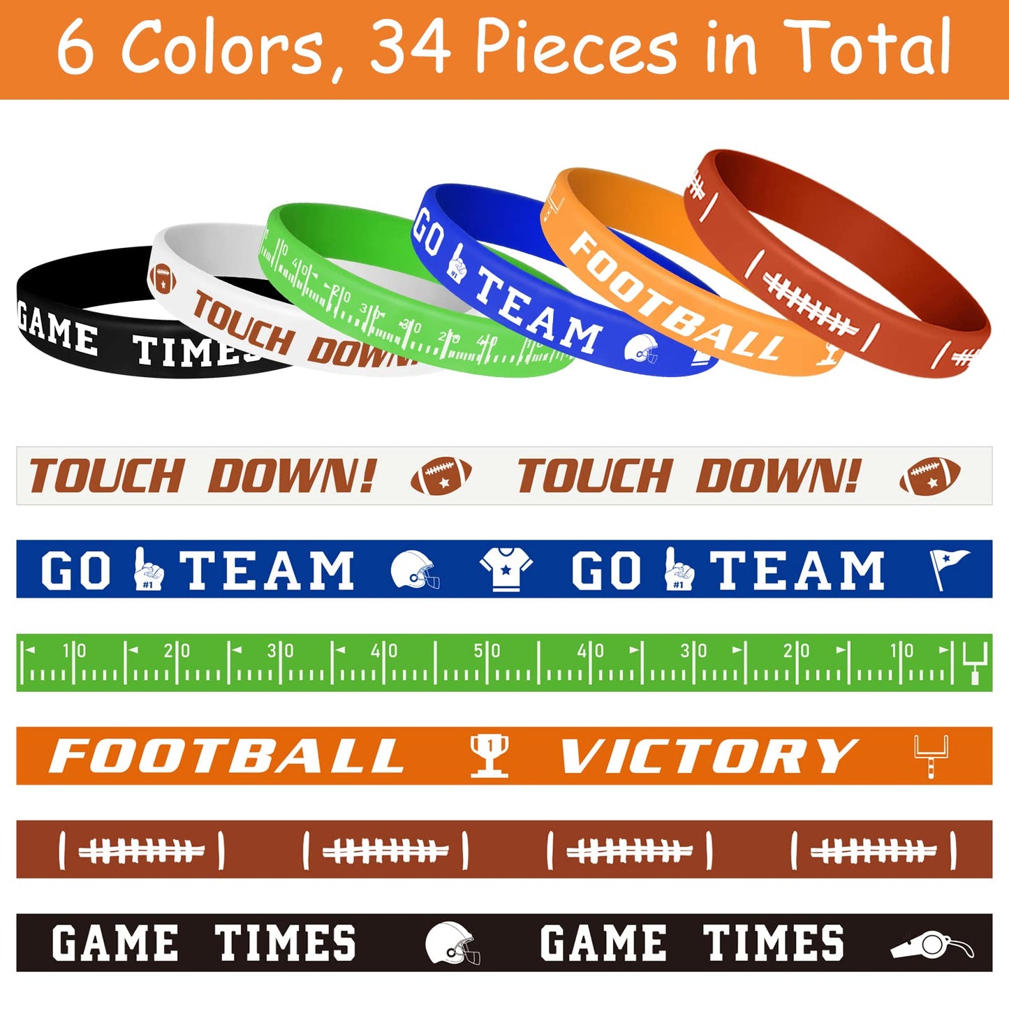MIAHART Football Theme Silicone Wristbands – 16-Pack, 6 Colors, Party Favors