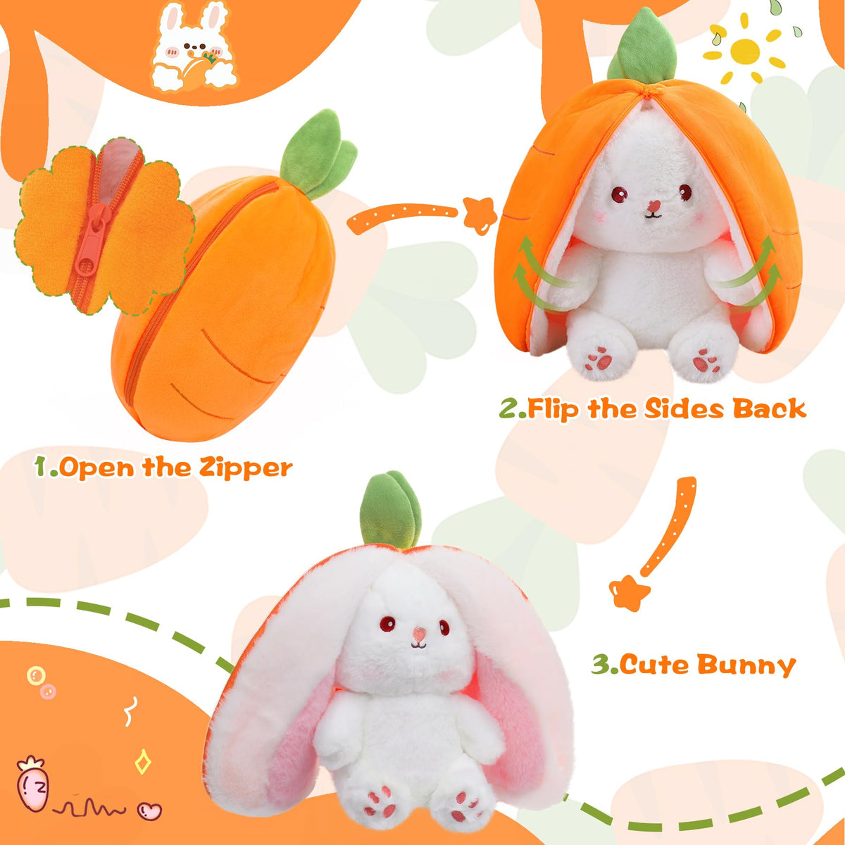 MIAODAM Reversible Carrot Bunny Plush — Zip-Transform Rabbit Toy