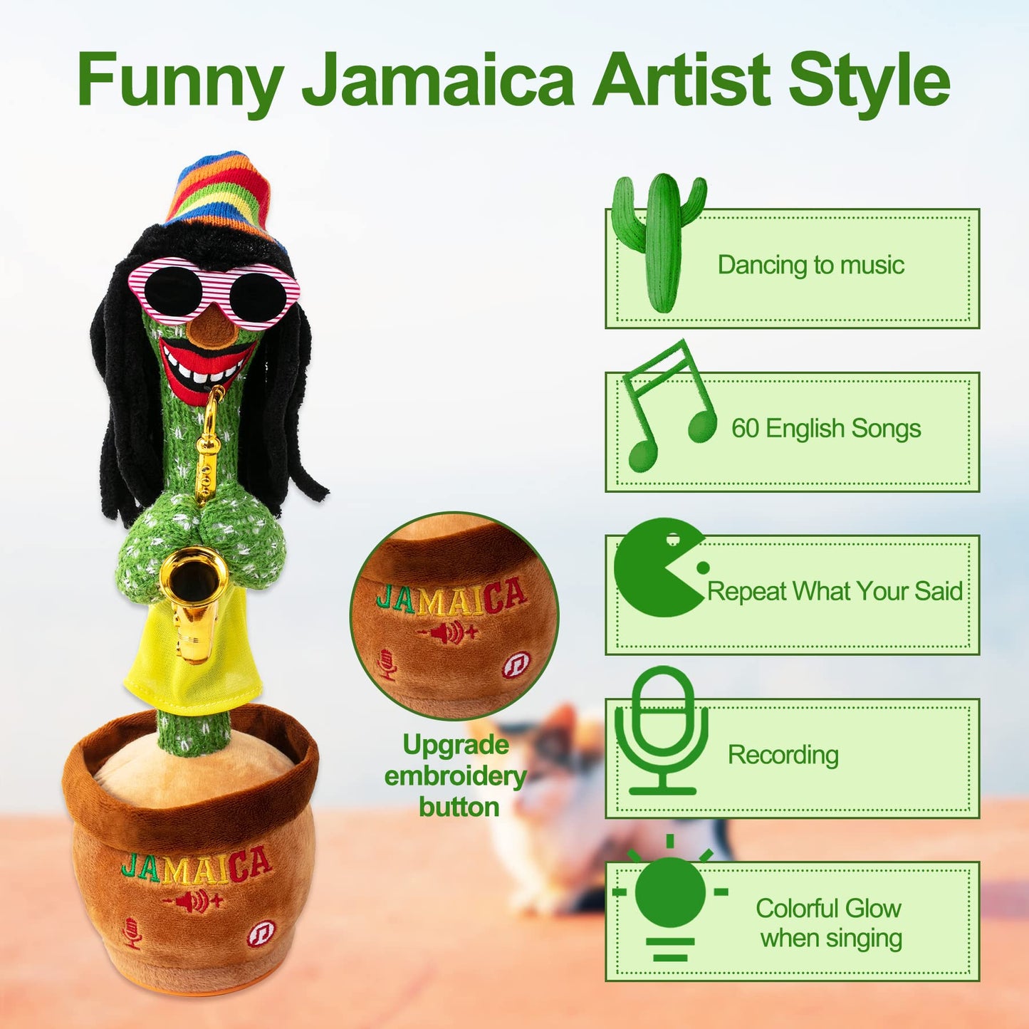 MIAODAM Dancing Cactus: 270° Rotating Singing Plush Toy with LED