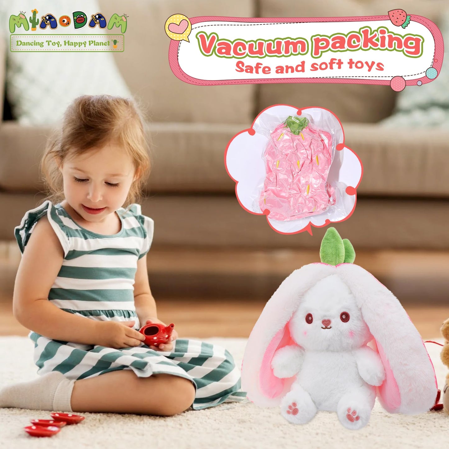 MIAODAM 13.7in Large Easter Bunny Plush – Convertible Strawberry to White Rabbit Plush Pillow