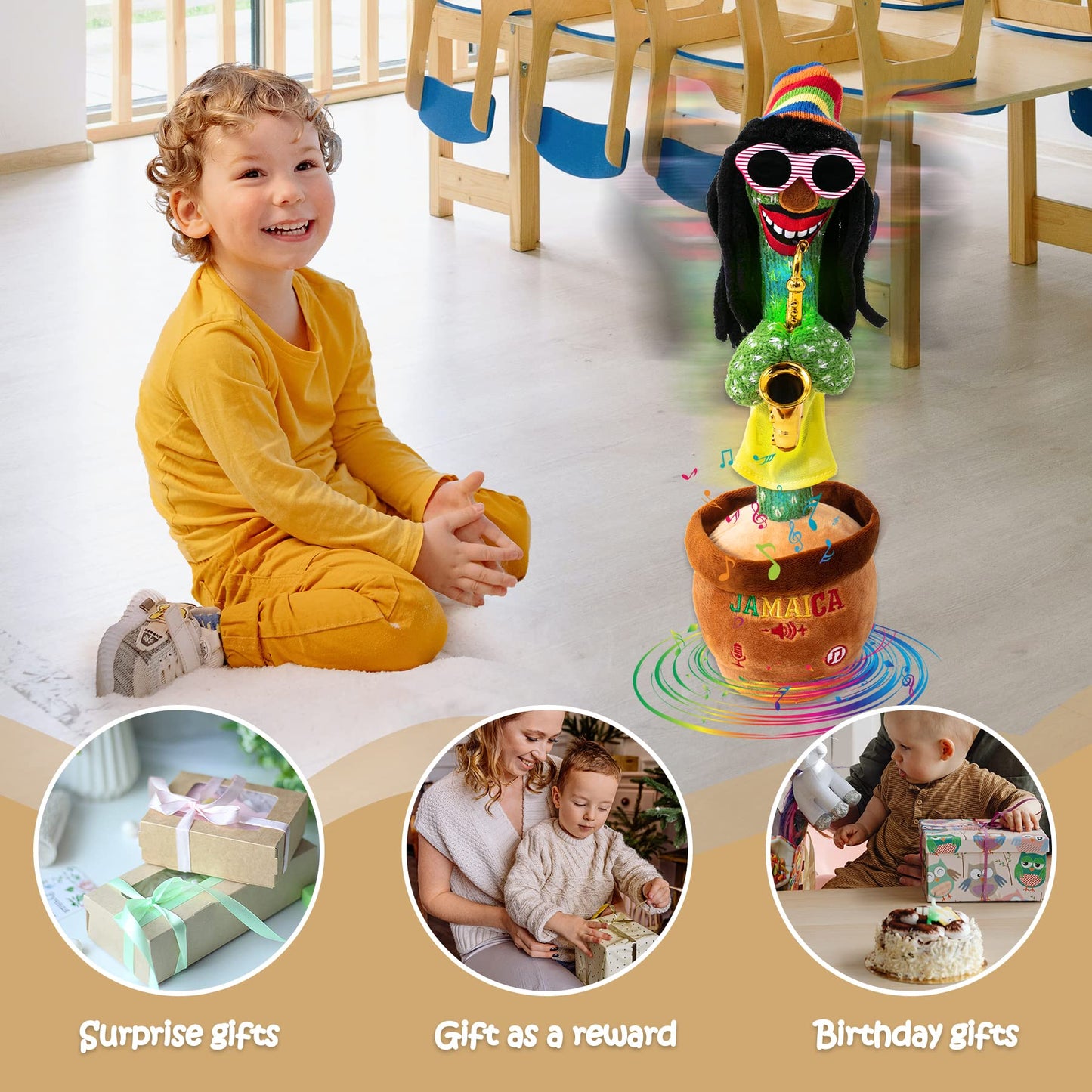 MIAODAM Dancing Cactus: 270° Rotating Singing Plush Toy with LED