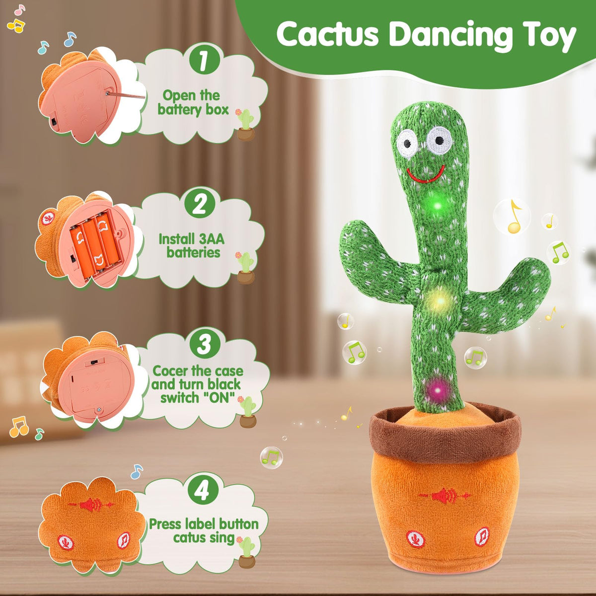 MIAODAM Dancing Talking Cactus Toy for Babies & Toddlers | Glowing, Singing, Repeating Plush