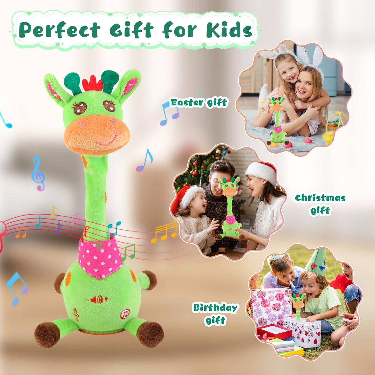 MIAODAM Dancing Giraffe Toy — Interactive Plush, Sings 10 Songs, Repeats Your Voice (Green)
