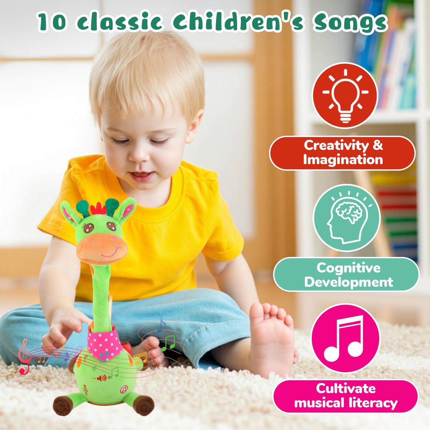 MIAODAM Dancing Giraffe Toy — Interactive Plush, Sings 10 Songs, Repeats Your Voice (Green)