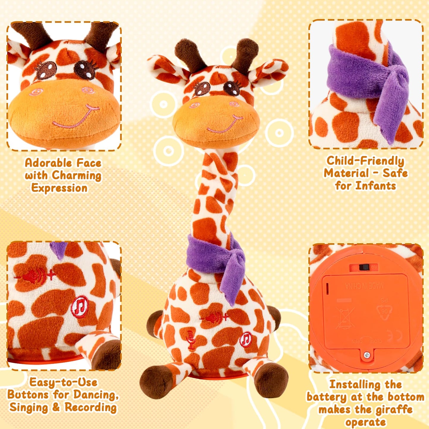 MIAODAM Dancing Giraffe Interactive Toy – Singing 10 Songs, Repeats What You Say, Colorful LED Plush for Toddlers