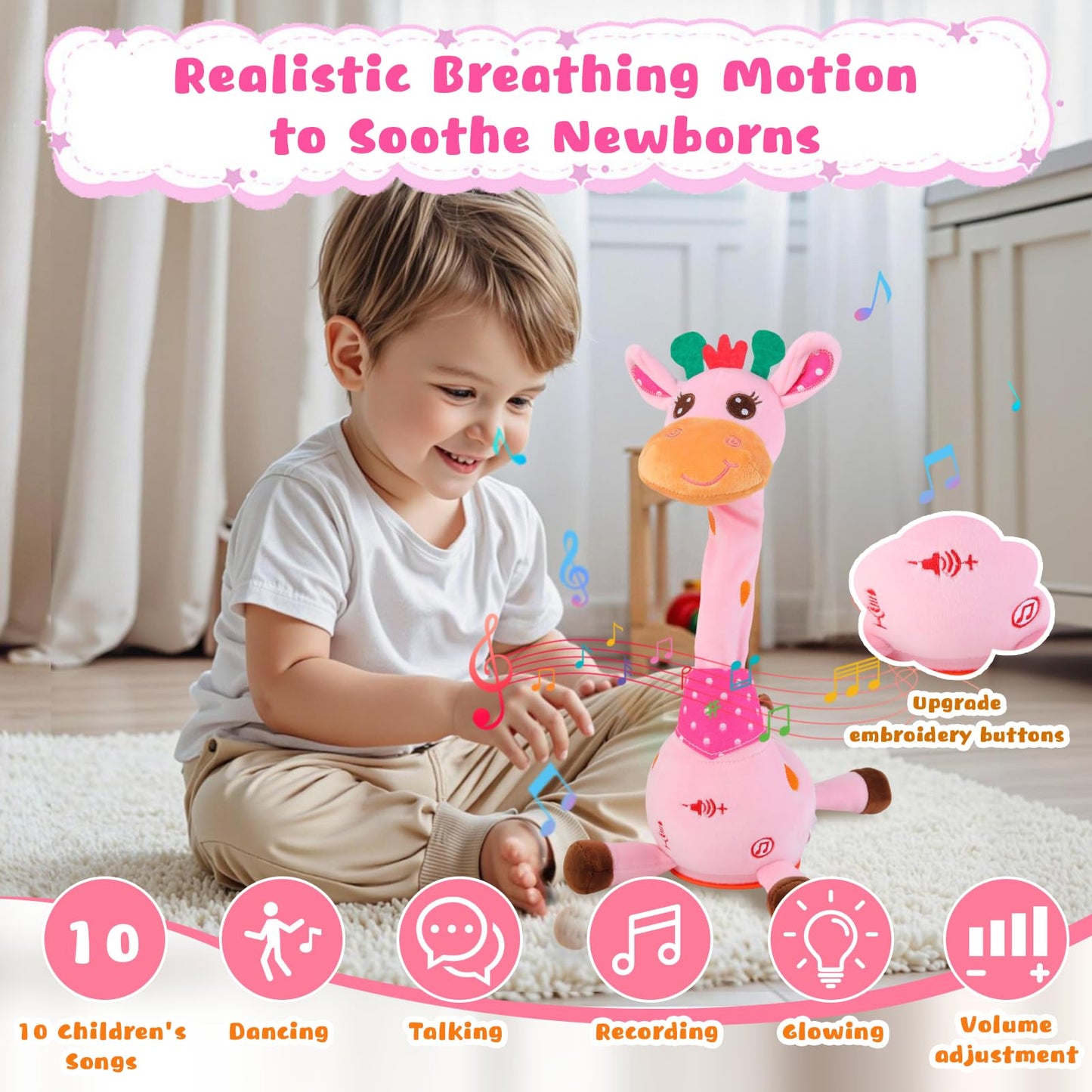 MIAODAM Dancing Giraffe Interactive Toy – 10 Songs, Repeats Your Words, Glowing Plush