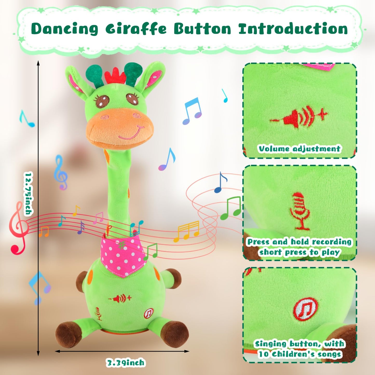 MIAODAM Dancing Giraffe Toy — Interactive Plush, Sings 10 Songs, Repeats Your Voice (Green)