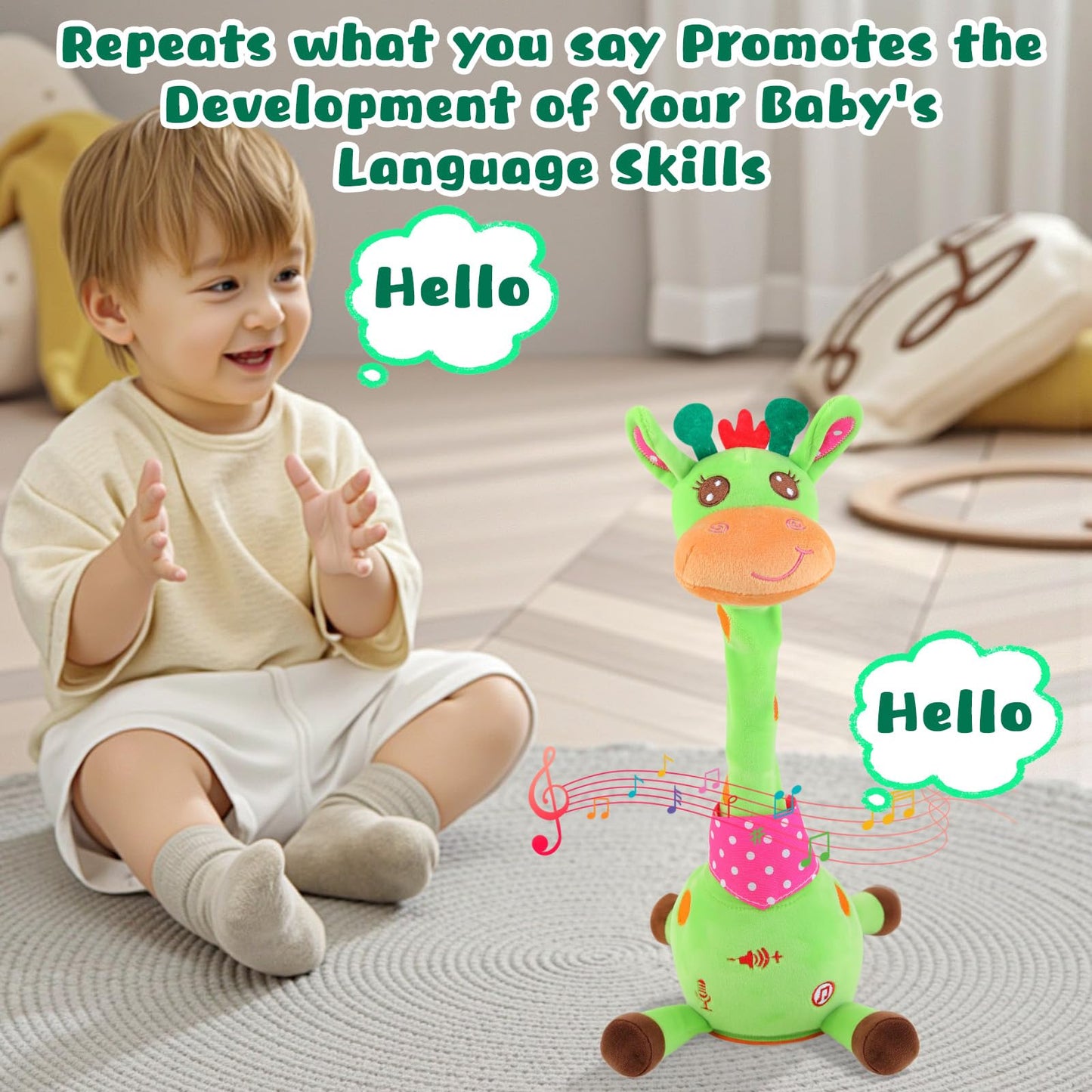 MIAODAM Dancing Giraffe Toy — Interactive Plush, Sings 10 Songs, Repeats Your Voice (Green)