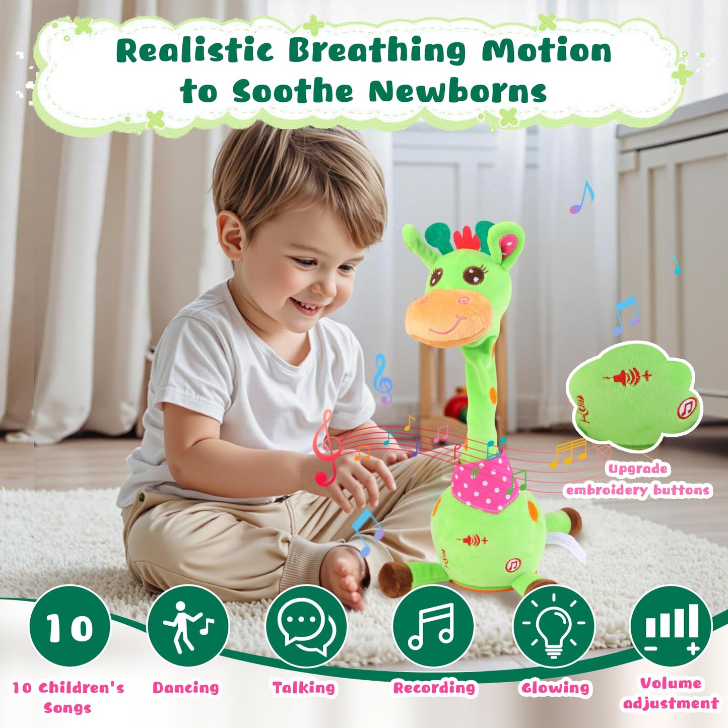 MIAODAM Dancing Giraffe Toy — Interactive Plush, Sings 10 Songs, Repeats Your Voice (Green)