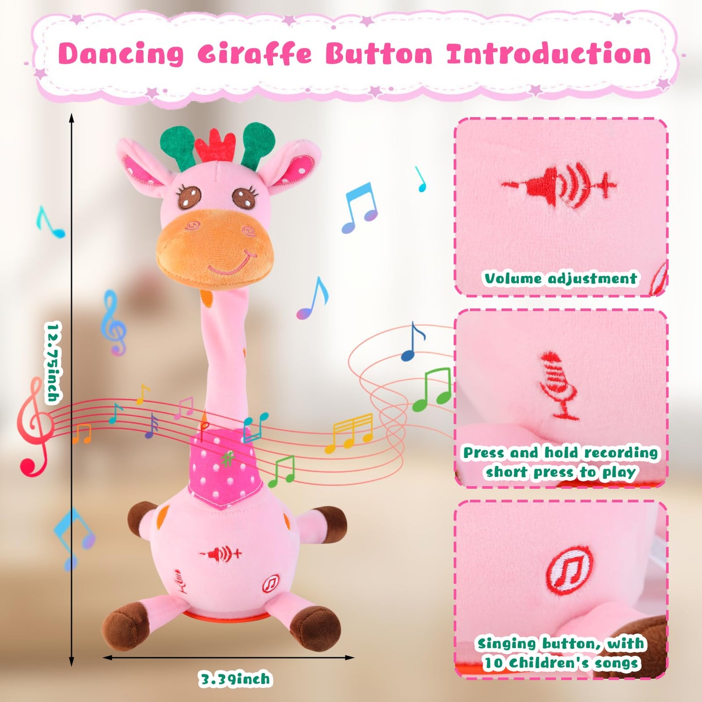 MIAODAM Dancing Giraffe Interactive Toy – 10 Songs, Repeats Your Words, Glowing Plush