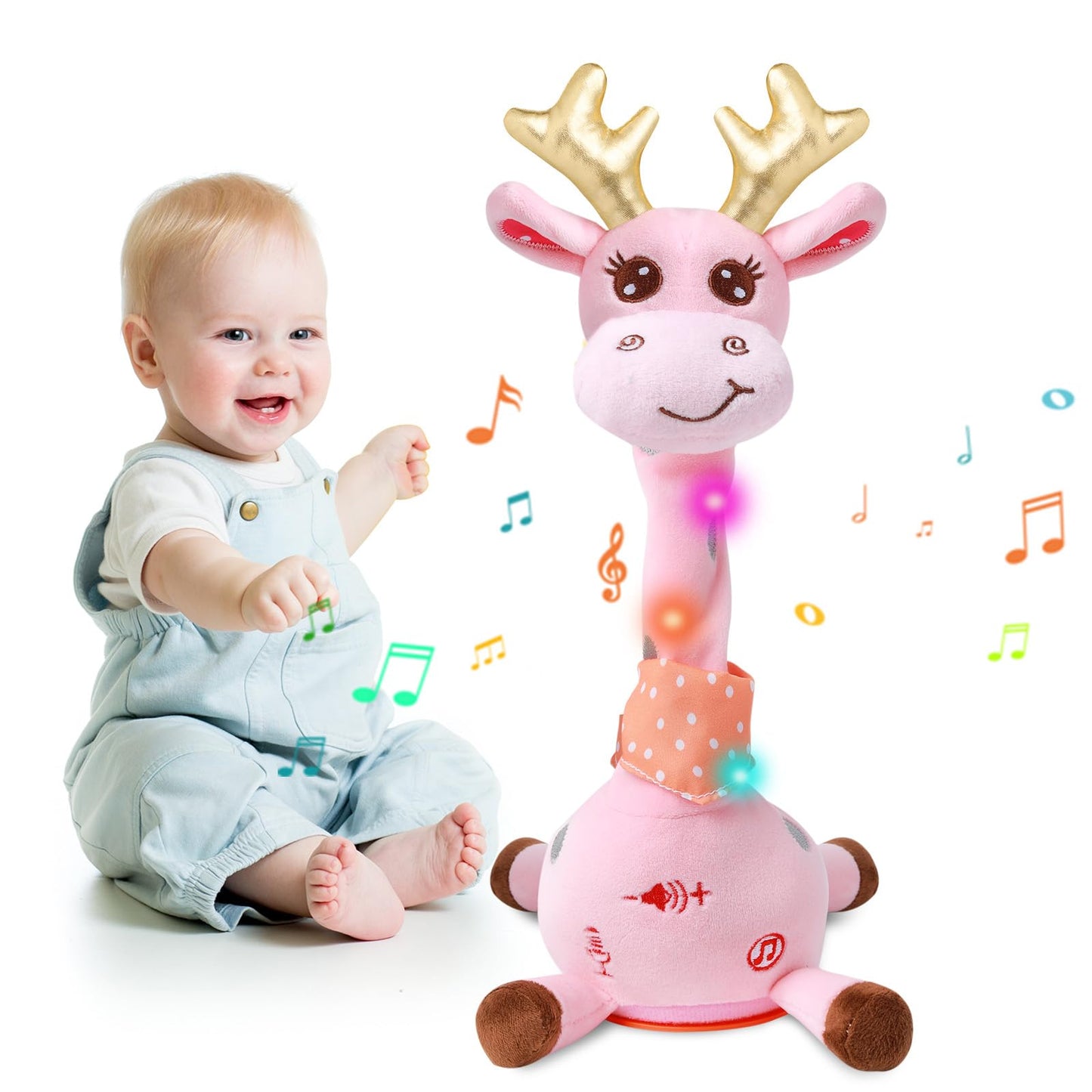MIAODAM Dancing Talking Giraffe Plush Toy – 10 Songs, LED Lights, Voice Repetition (Pink)