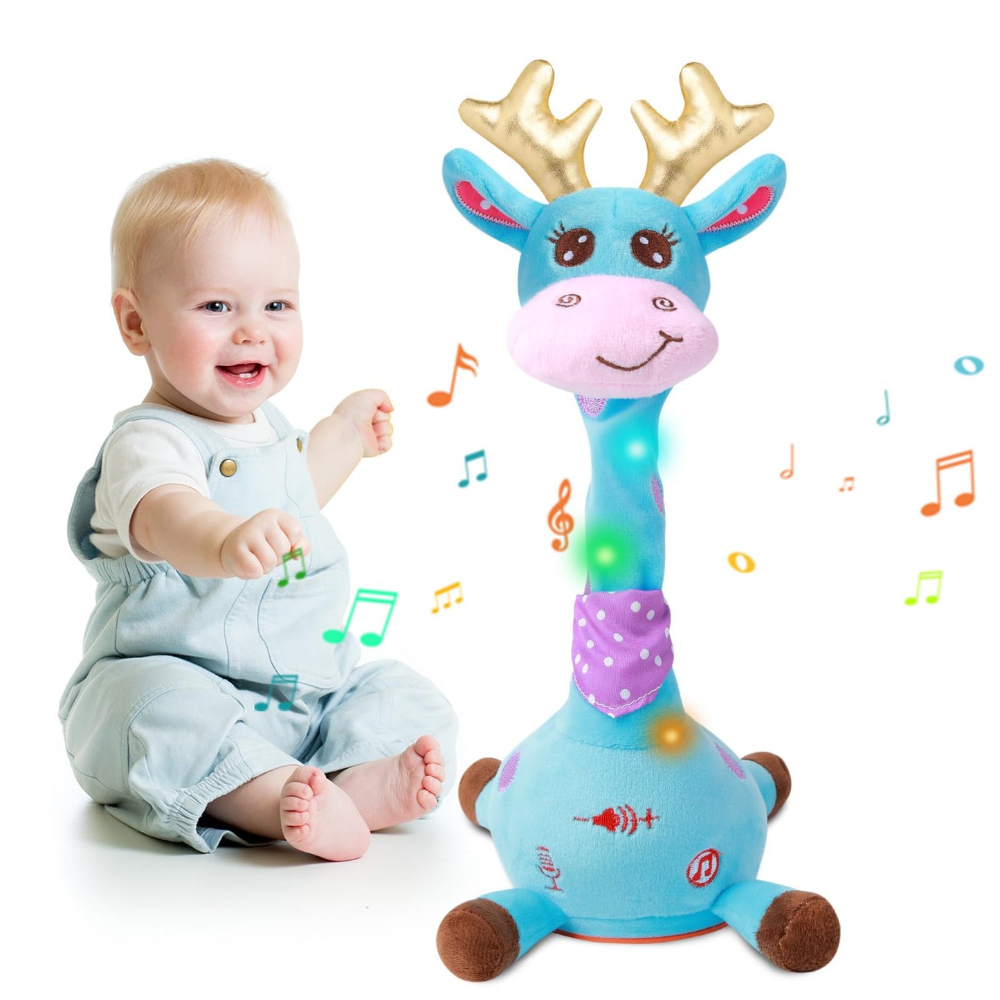 MIAODAM Dancing Talking Giraffe Plush – 10 Songs, Repeats What You Say, LED Glow