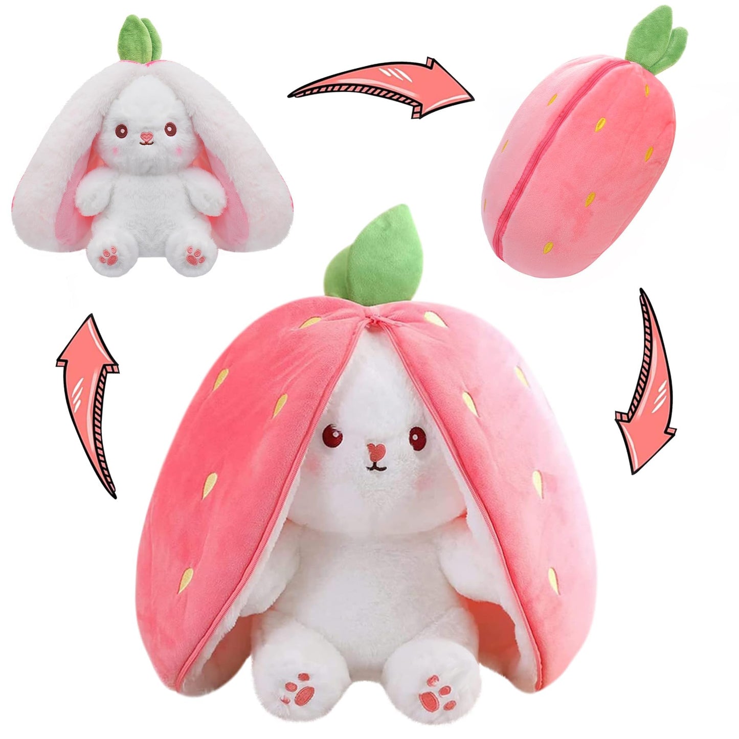 MIAODAM 13.7in Large Easter Bunny Plush – Convertible Strawberry to White Rabbit Plush Pillow