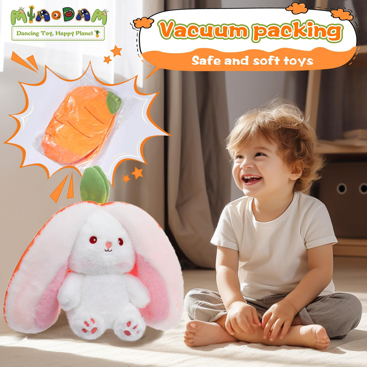 MIAODAM Reversible Carrot Bunny Plush — Zip-Transform Rabbit Toy