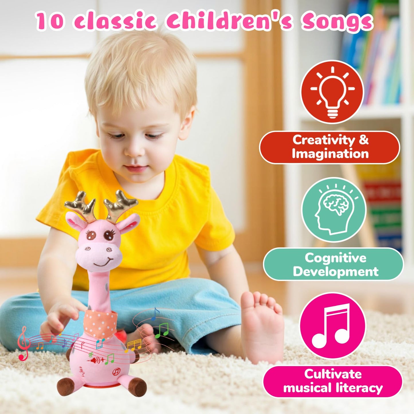 MIAODAM Dancing Talking Giraffe Plush Toy – 10 Songs, LED Lights, Voice Repetition (Pink)