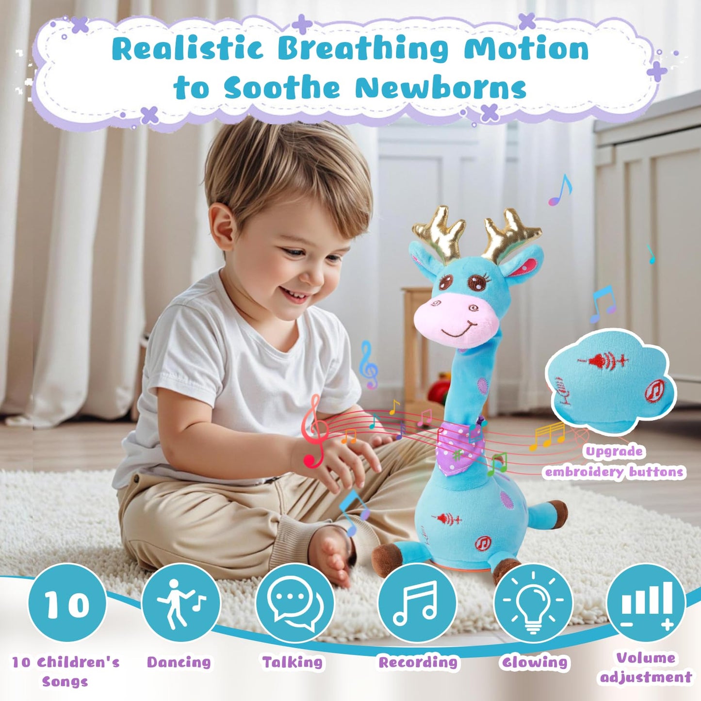 MIAODAM Dancing Talking Giraffe Plush – 10 Songs, Repeats What You Say, LED Glow