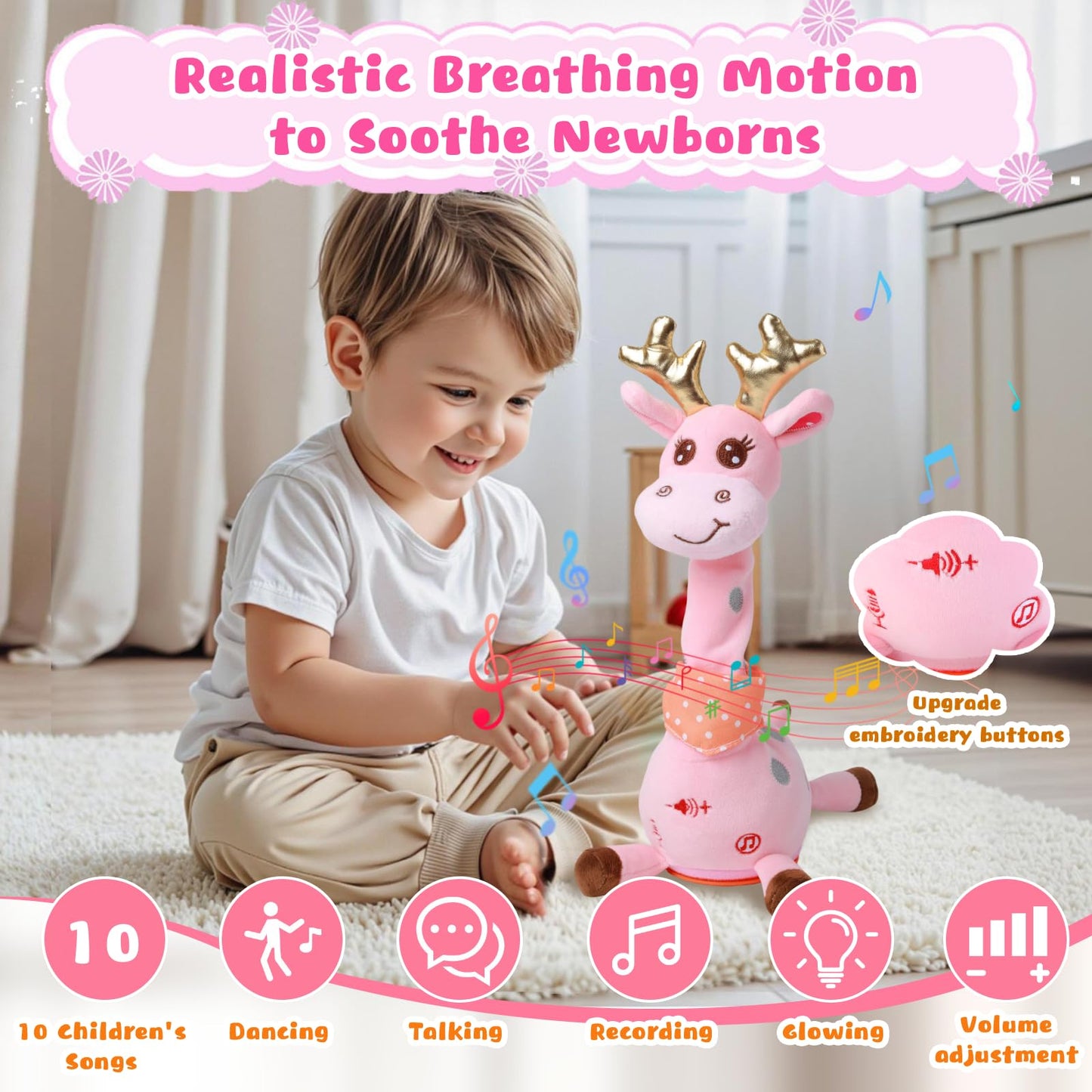 MIAODAM Dancing Talking Giraffe Plush Toy – 10 Songs, LED Lights, Voice Repetition (Pink)