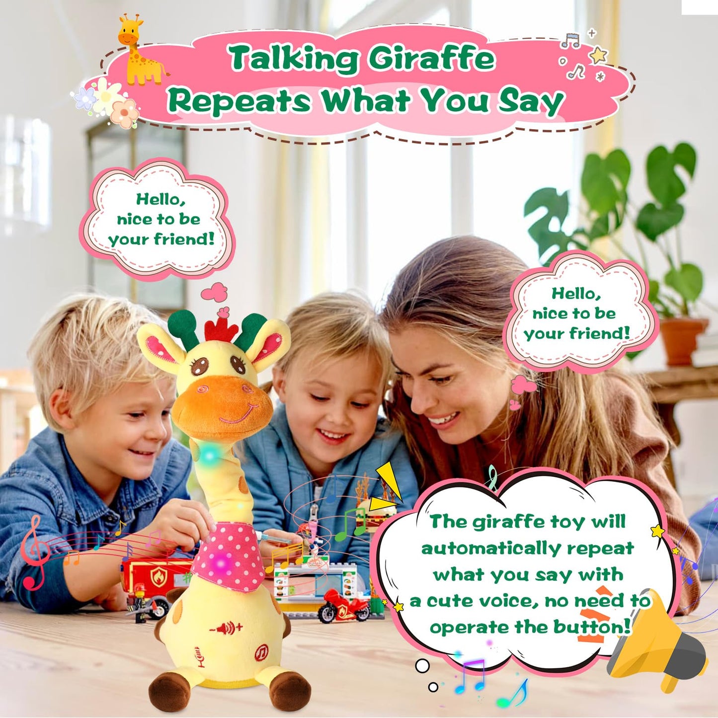 MIAODAM Dancing Talking Giraffe Plush Toy – 10 Songs, LED Lights, Interactive Baby Toy for Toddlers 1-3
