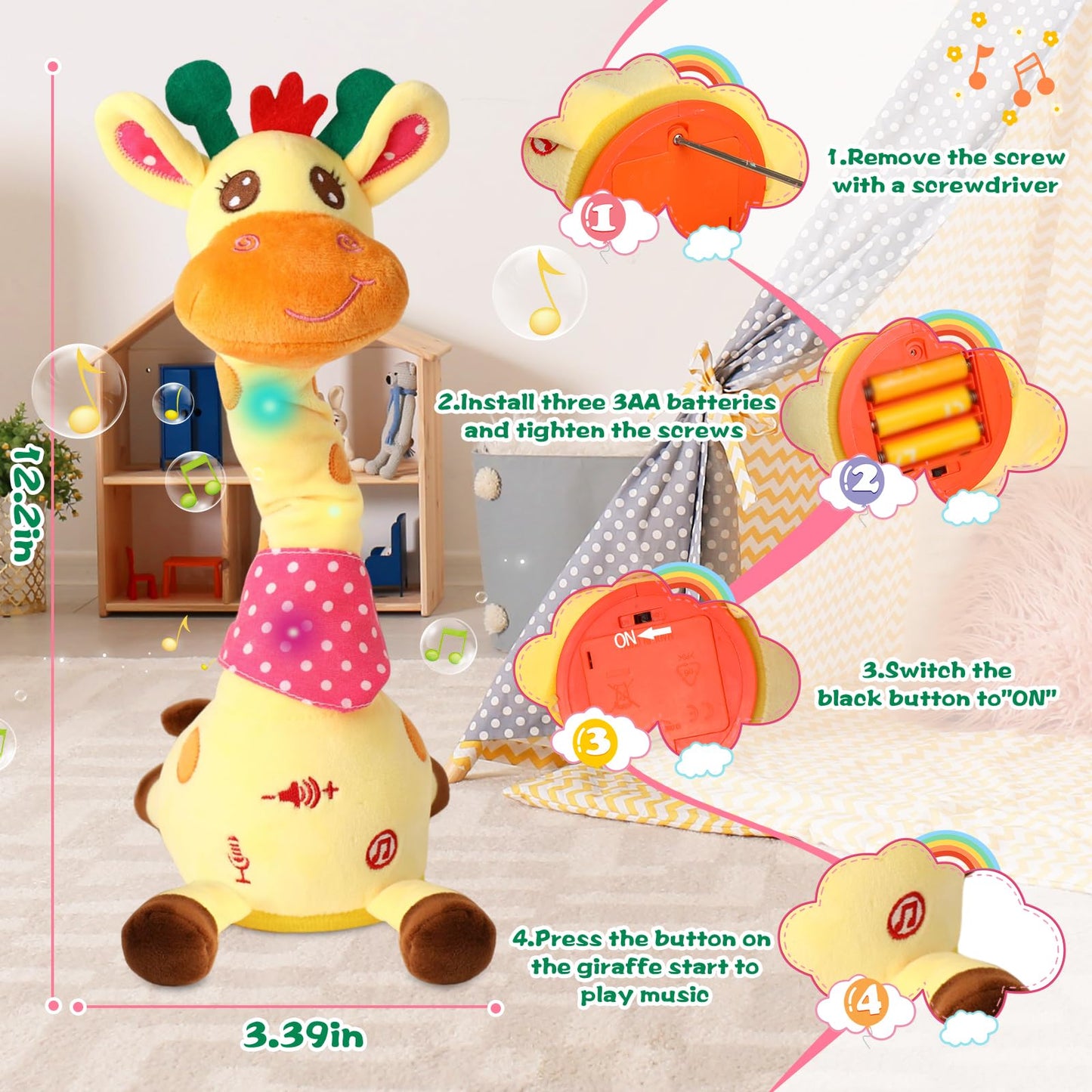 MIAODAM Dancing Talking Giraffe Plush Toy – 10 Songs, LED Lights, Interactive Baby Toy for Toddlers 1-3
